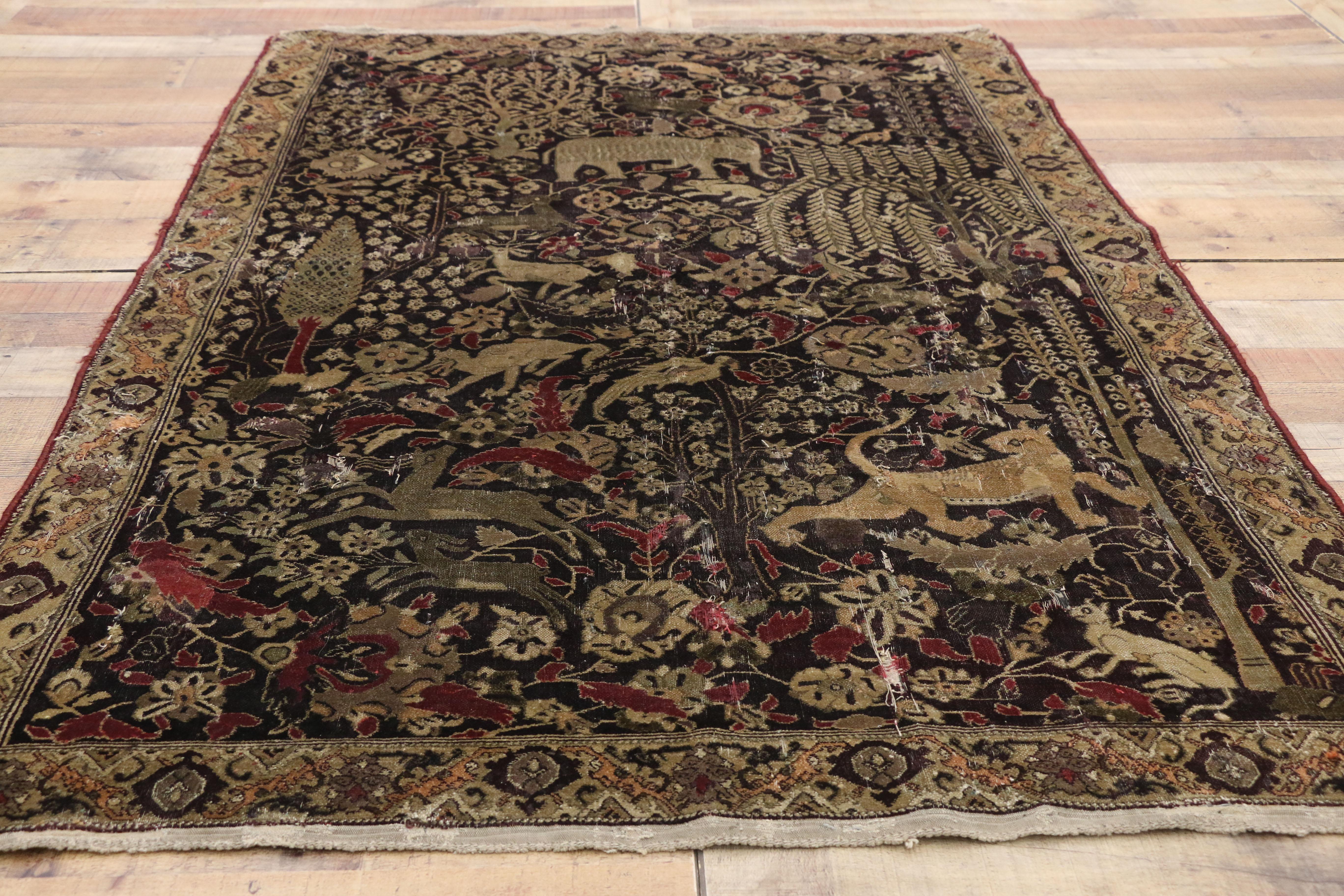 Late 19th Century Medieval Distressed Antique Indian Agra Rug with Hunting Scene 2