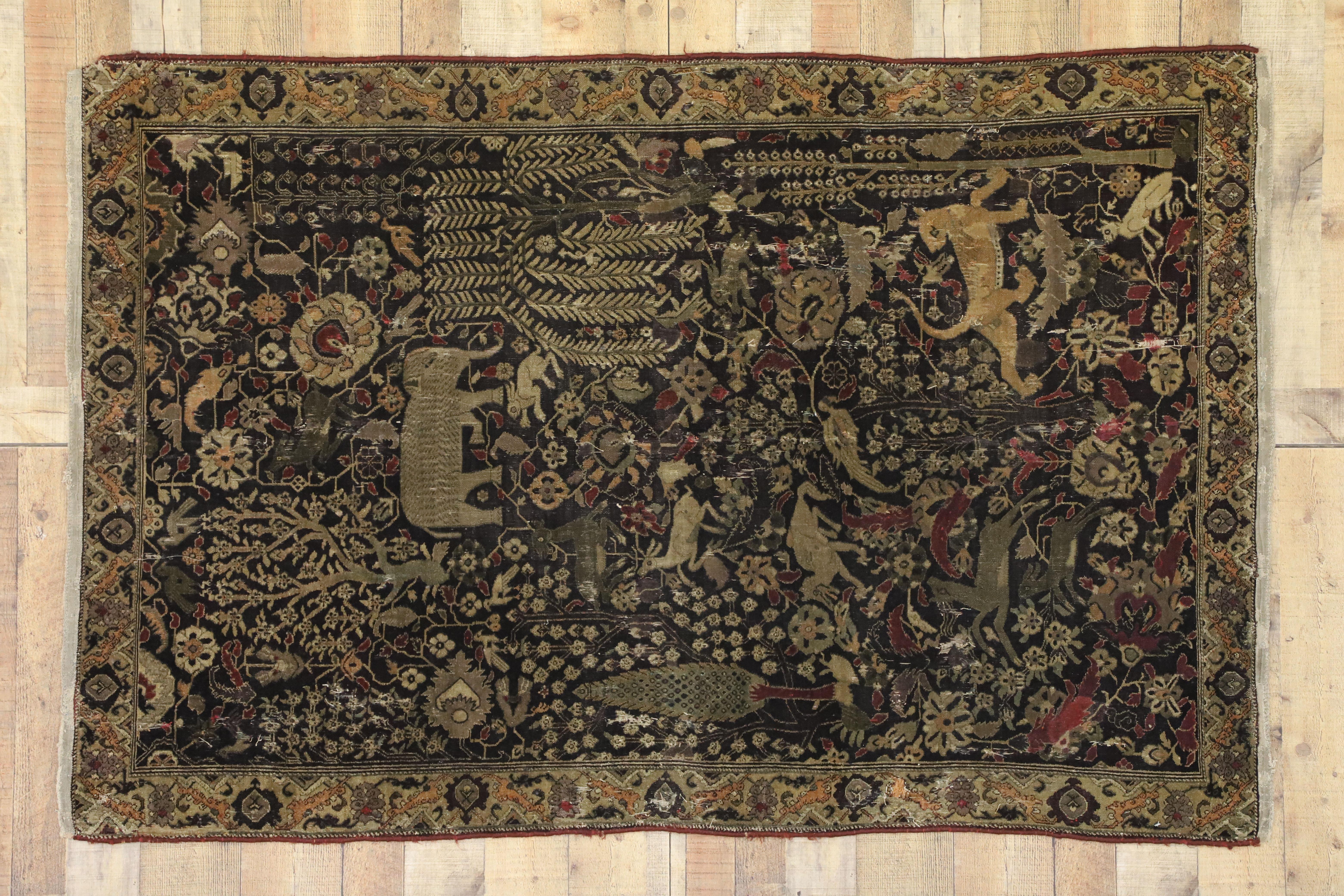 Late 19th Century Medieval Distressed Antique Indian Agra Rug with Hunting Scene 3