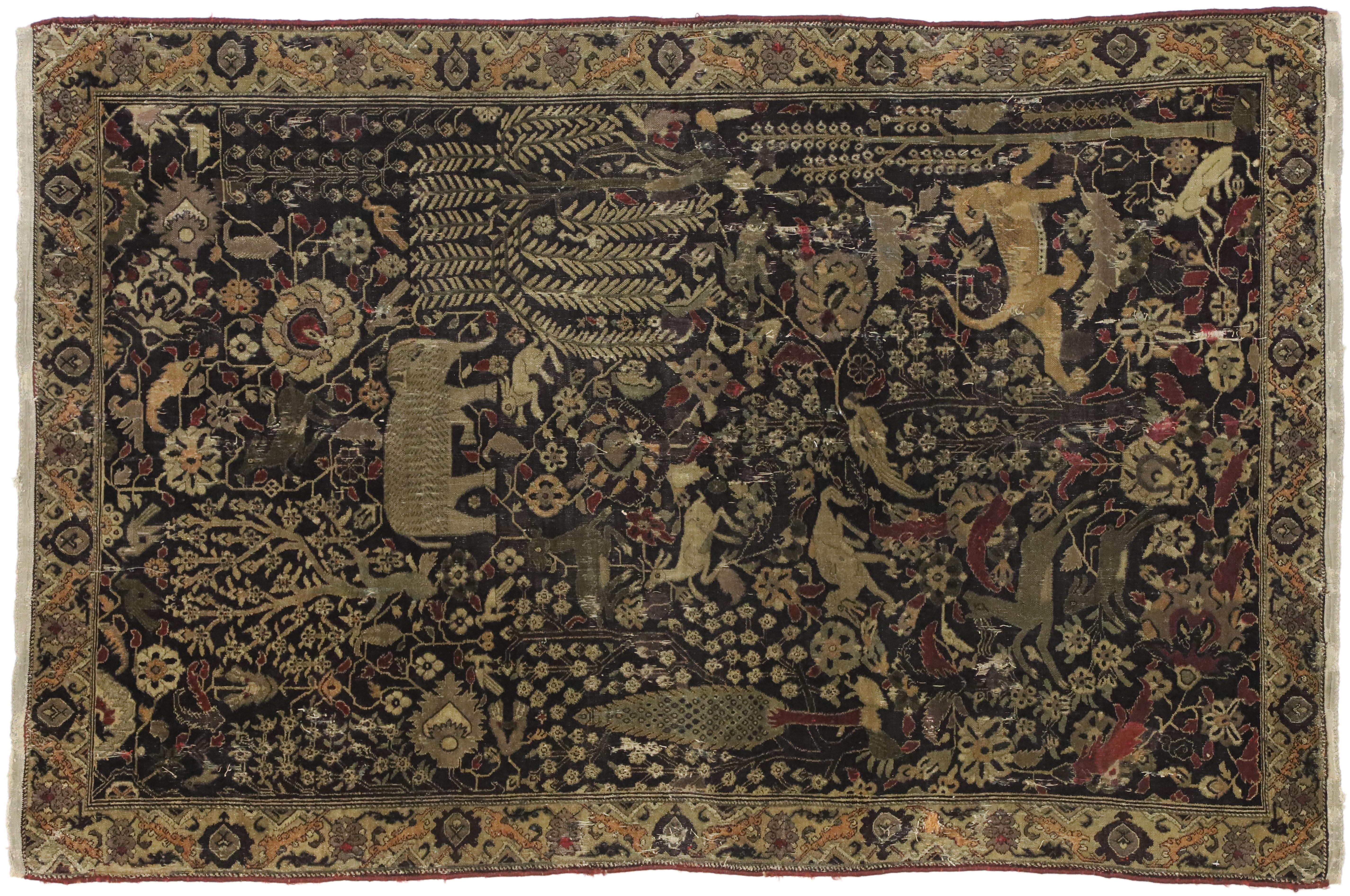 Late 19th Century Medieval Distressed Antique Indian Agra Rug with Hunting Scene 4