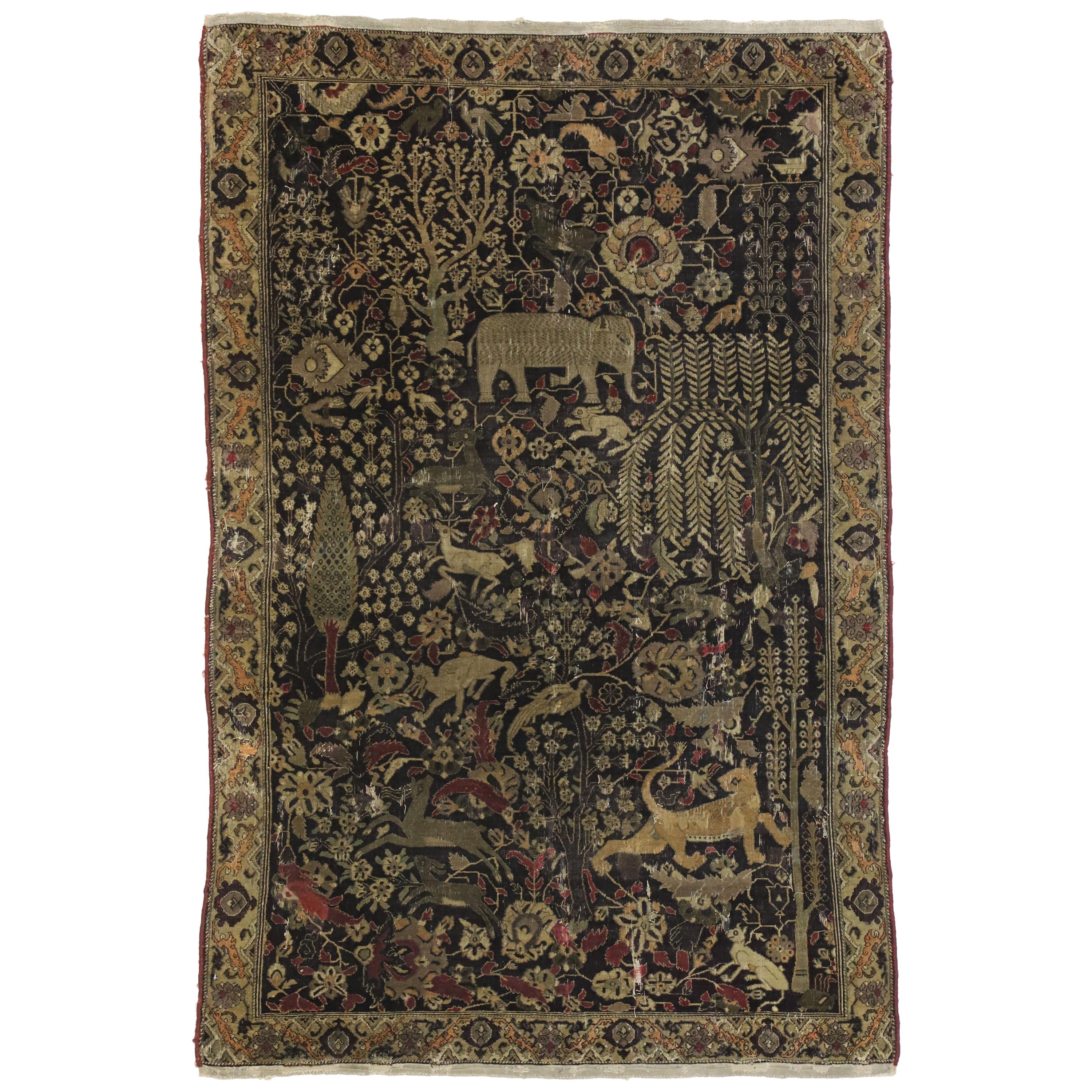 Late 19th Century Medieval Distressed Antique Indian Agra Rug with Hunting Scene