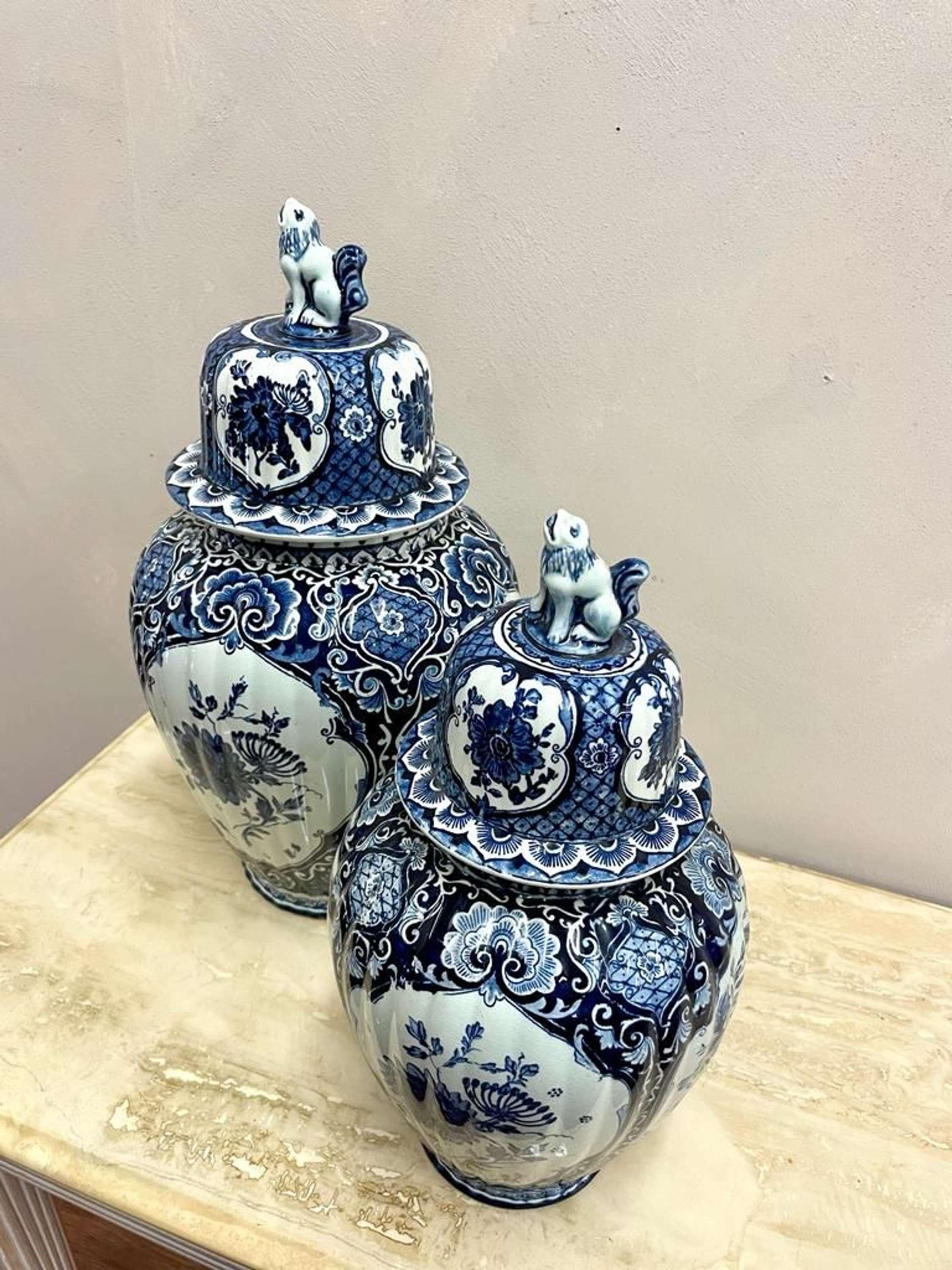 Painted Late 19th Century Medium & Large Delft Ginger Jars with Covers by Petrous Regout For Sale