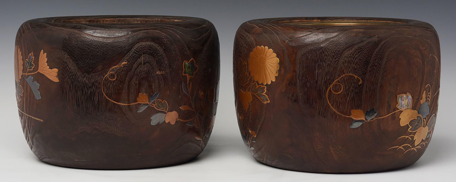 19th Century Late 19th C., Meiji, A Pair of Antique Japanese Keyaki Wooden Pots (Hibachi)