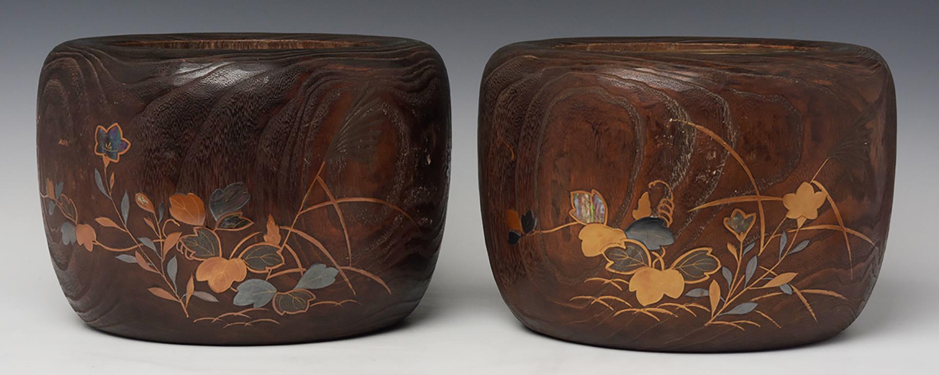 Late 19th C., Meiji, A Pair of Antique Japanese Keyaki Wooden Pots (Hibachi) 1