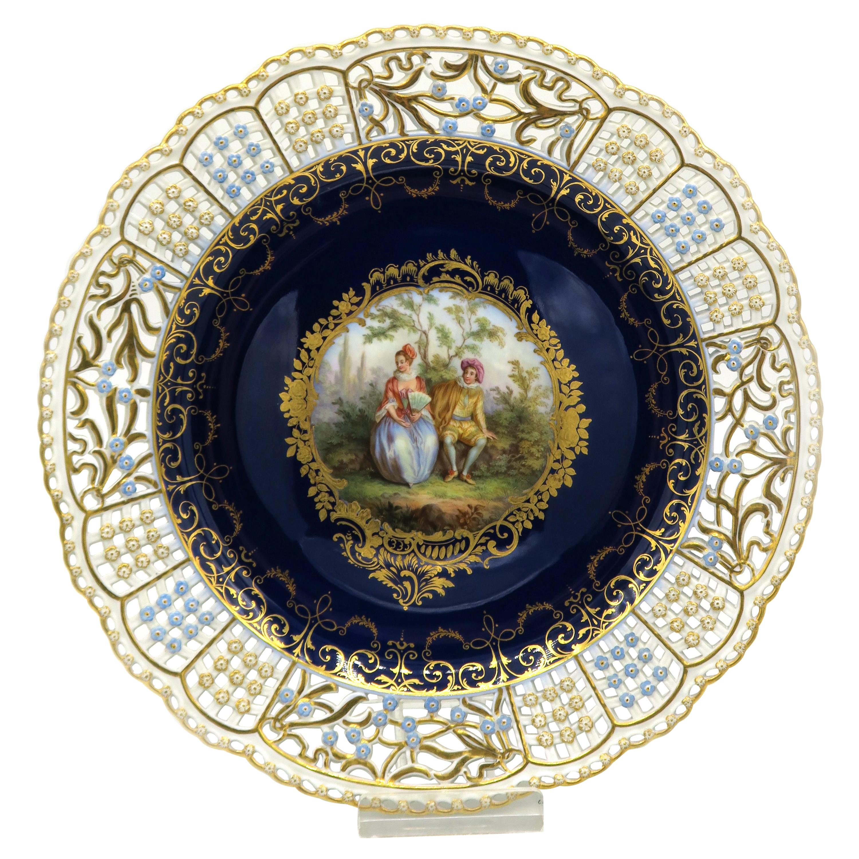 Late 19th Century Meissen Cobalt Blue Reticulated Plate with European Painting