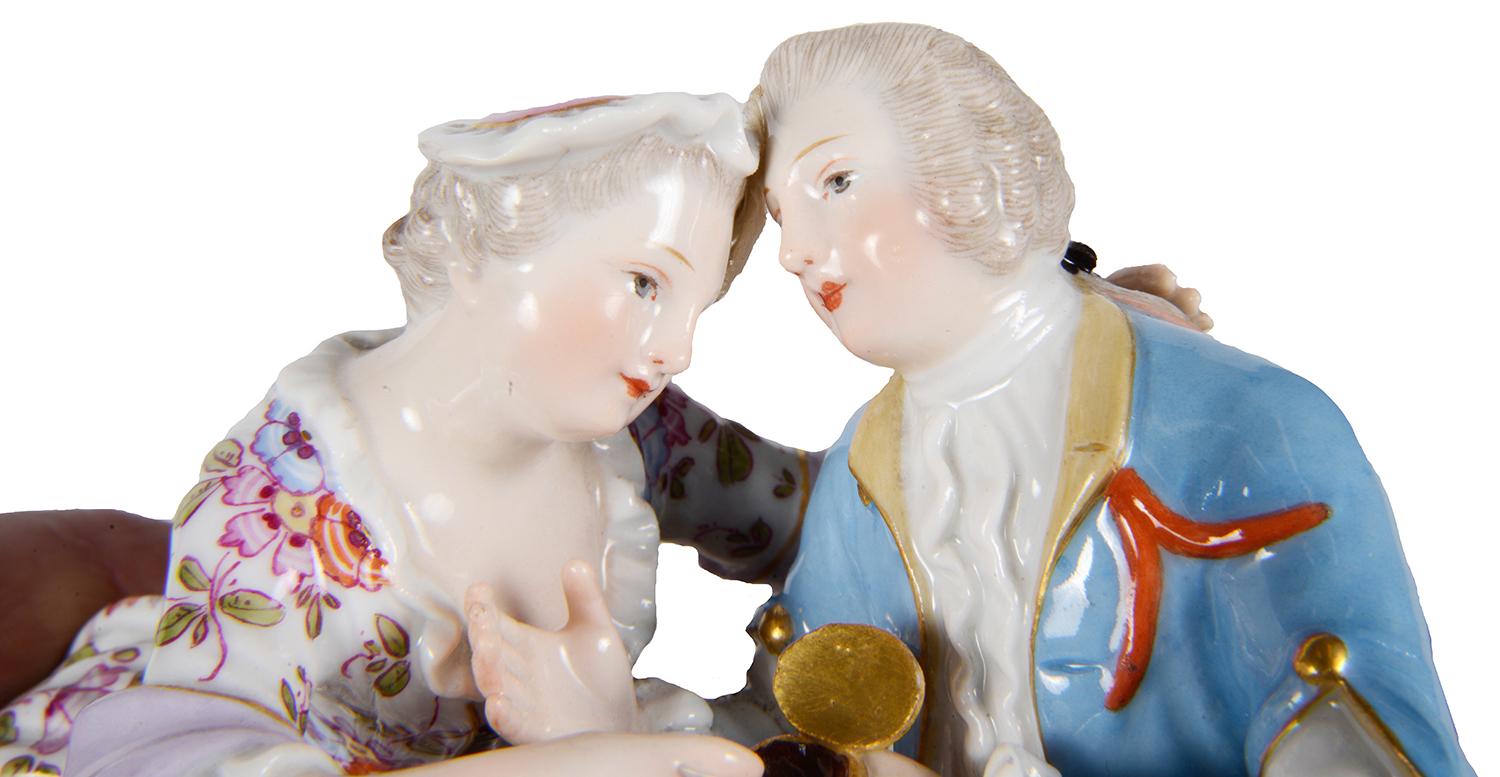 An enchanting late 19th Century Meissen Porcelain group of two seated lovers.
Blue crossed swords mark to base.