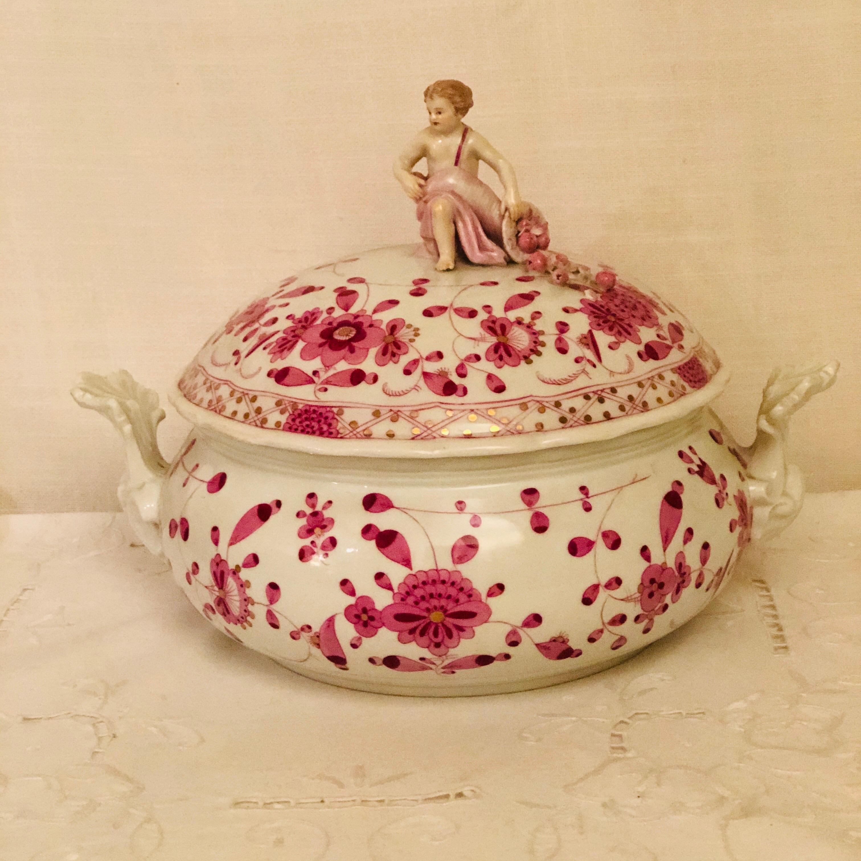 German Late 19th Century Meissen Purple Indian Round Tureen with Figure with Cornacopia