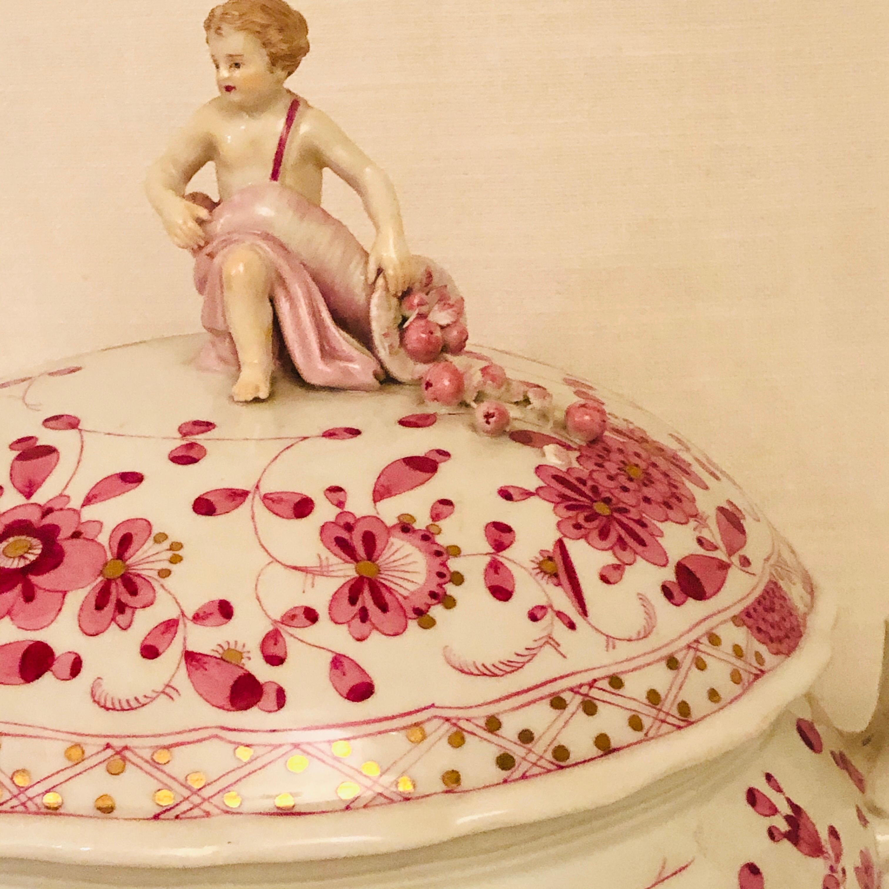 Hand-Painted Late 19th Century Meissen Purple Indian Round Tureen with Figure with Cornacopia