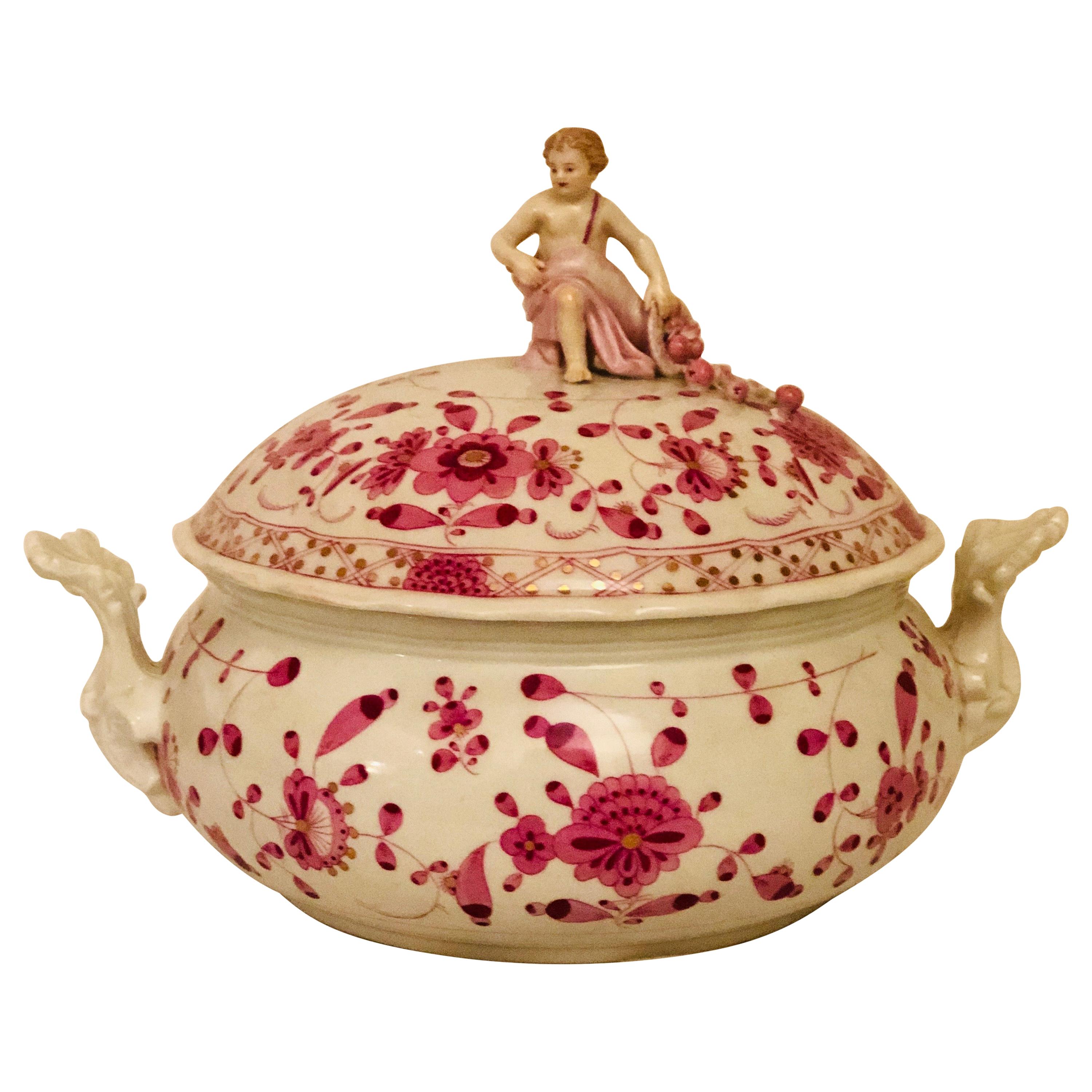 Late 19th Century Meissen Purple Indian Round Tureen with Figure with Cornacopia