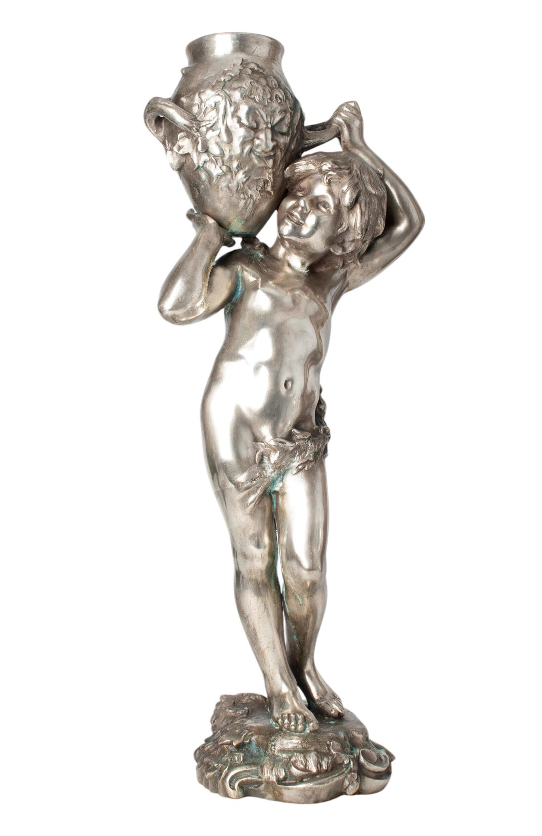 Late 19th Century Belle Époque metal sculpture of a young boy lifting a faced amphora by Auguste Moreau, France

By: Auguste Moreau
Material: metal
Technique: cast, molded, polished, metalwork, patinated
Dimensions: 7.5 in x 7.5 in x 26.5 in
Date: