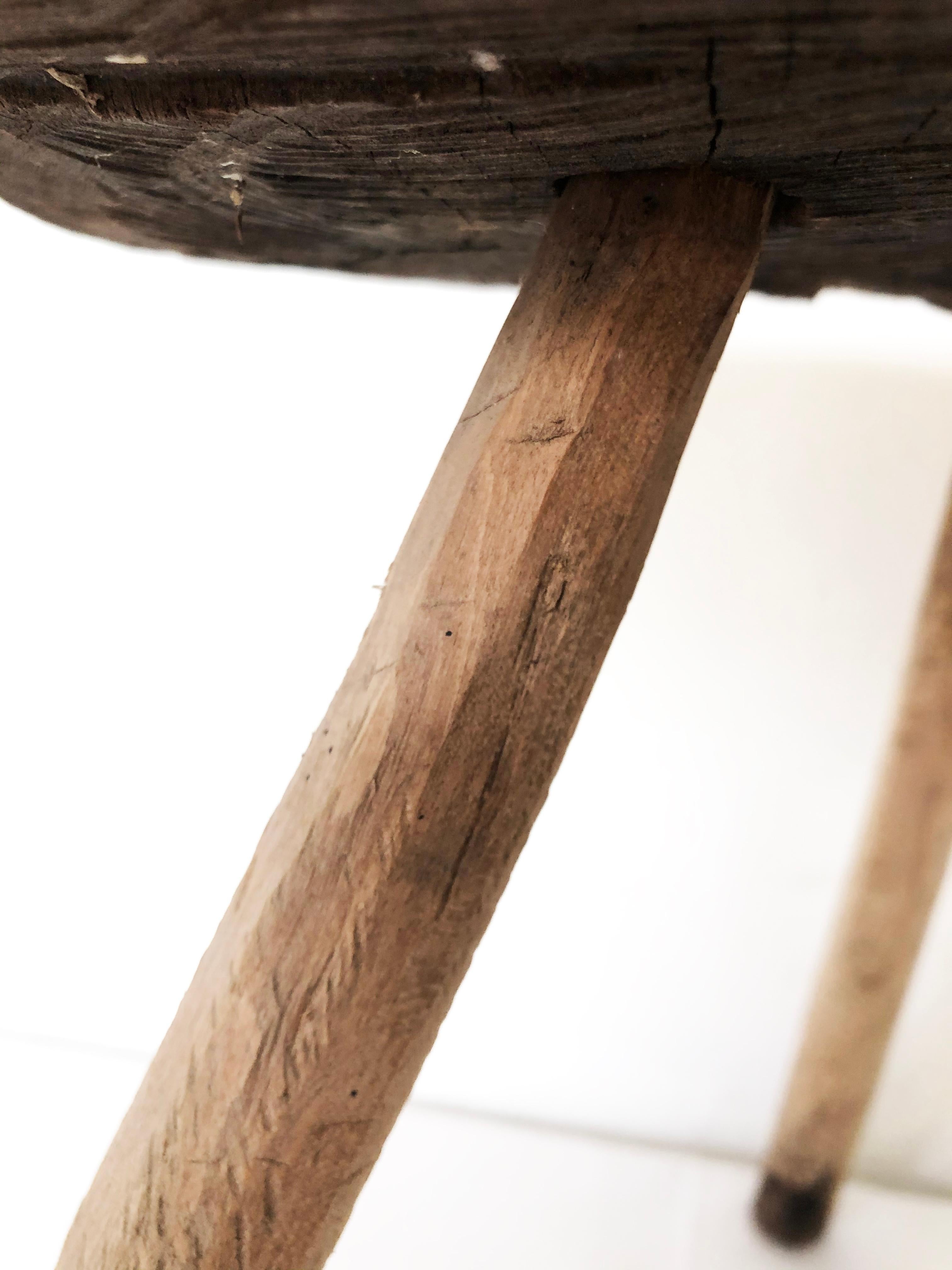 Rustic Late 19th Century Mezquite Milking Wood Stool with Thick Round Top