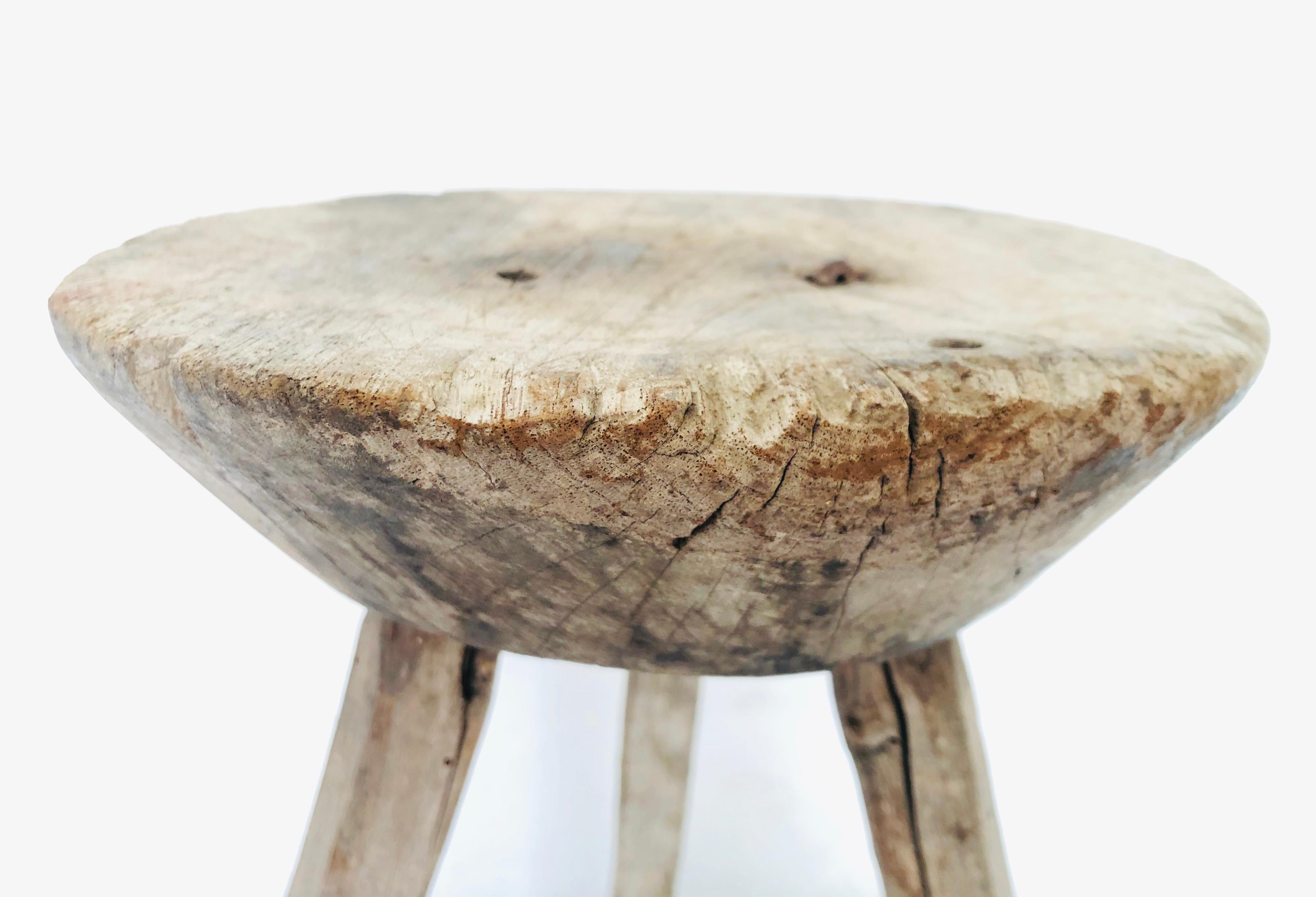 Spanish Colonial Late 19th Century Mezquite Milking Wood Stool with Thick Round Top