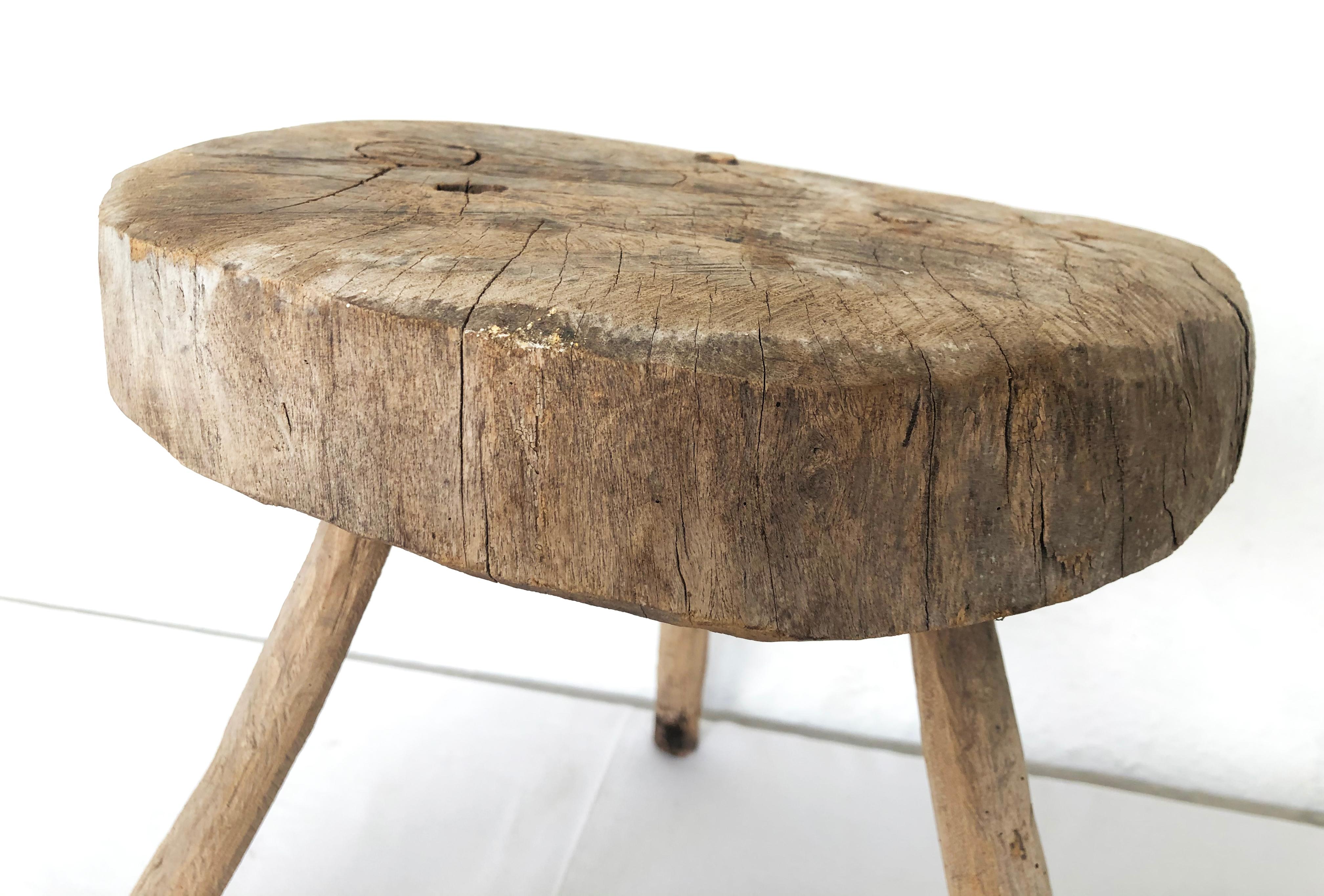 Hand-Carved Late 19th Century Mezquite Milking Wood Stool with Thick Round Top