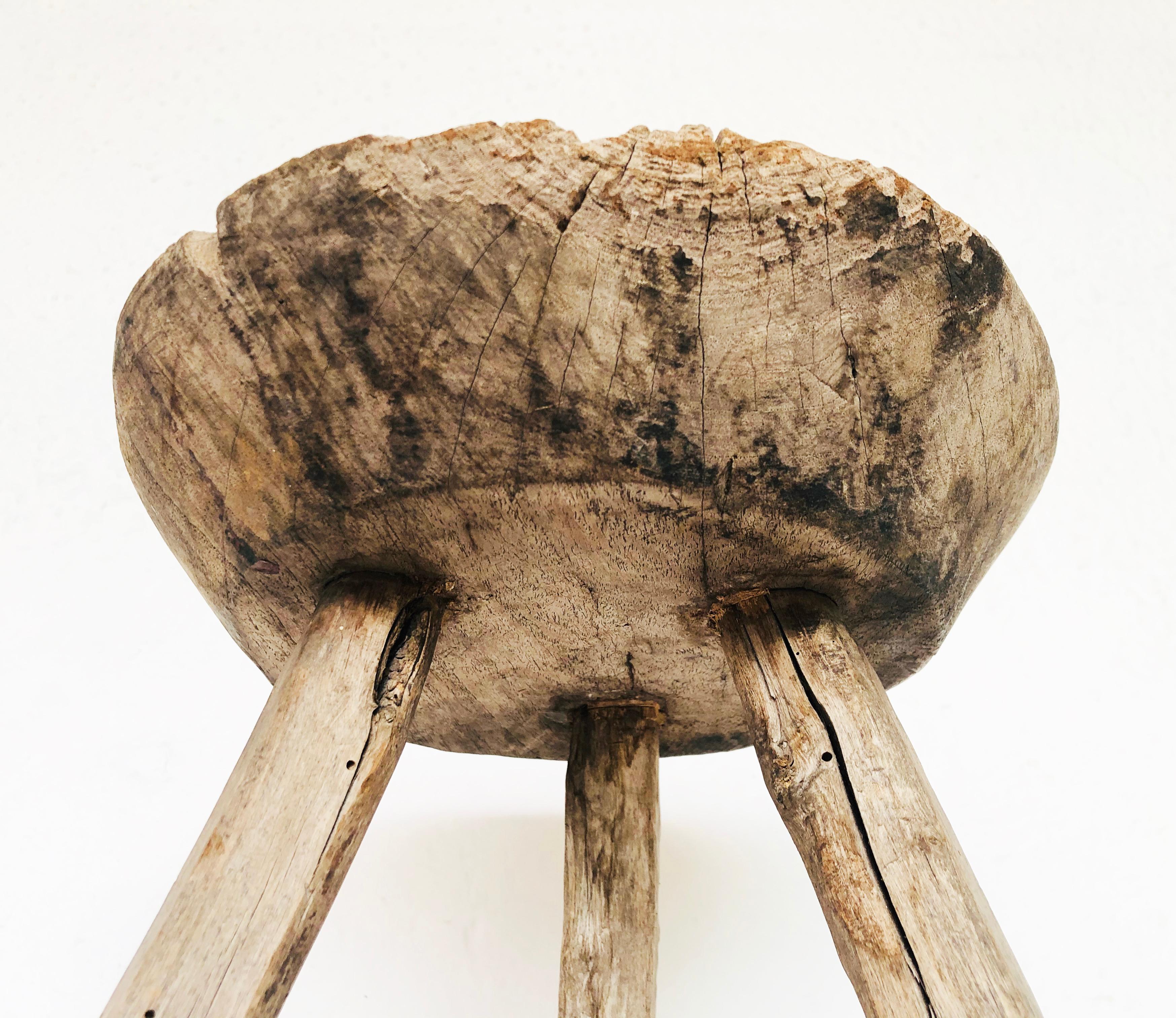 Hand-Carved Late 19th Century Mezquite Milking Wood Stool with Thick Round Top