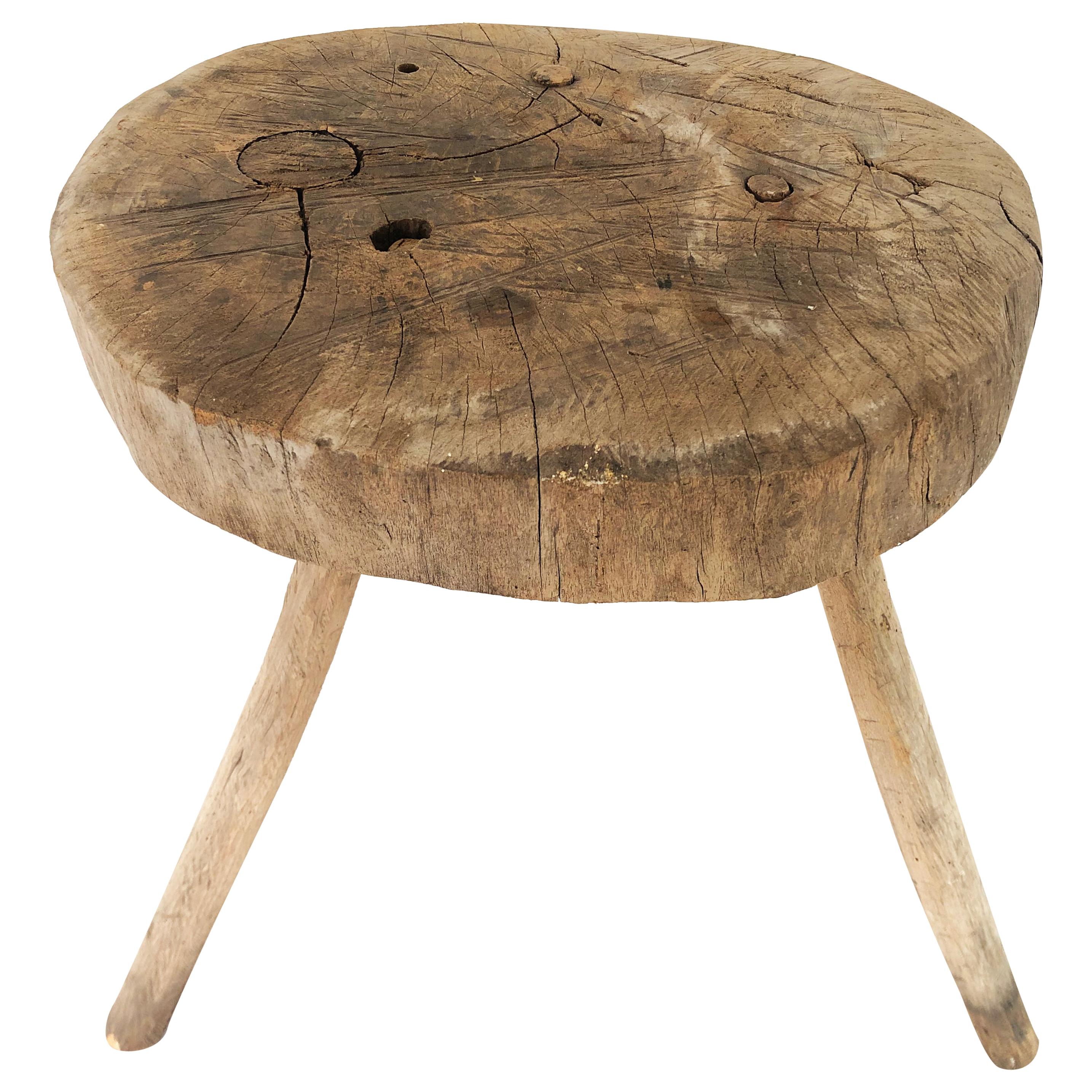 Late 19th Century Mezquite Milking Wood Stool with Thick Round Top