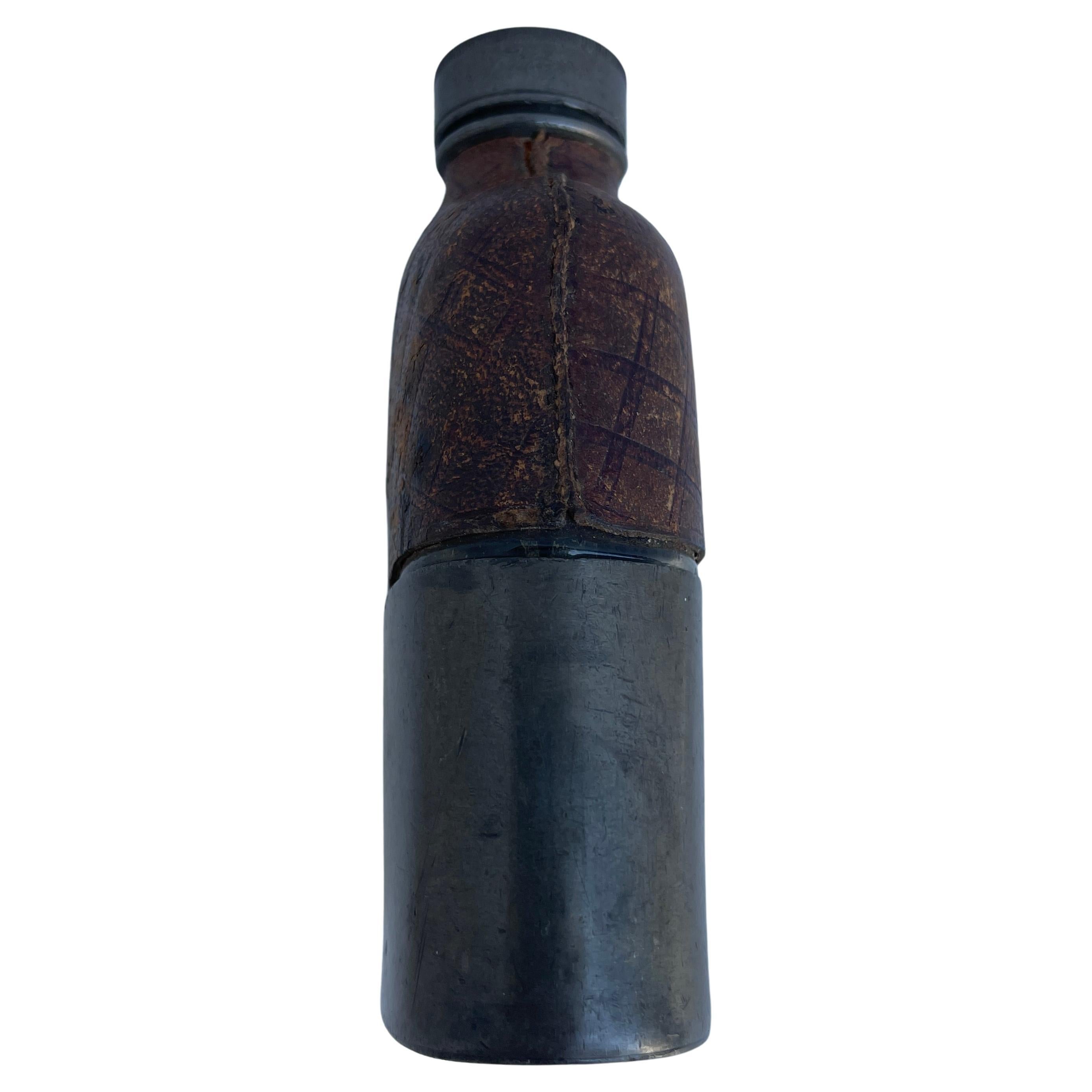 English Late 19th Century Military Leather Hip Flask in Pewter, American