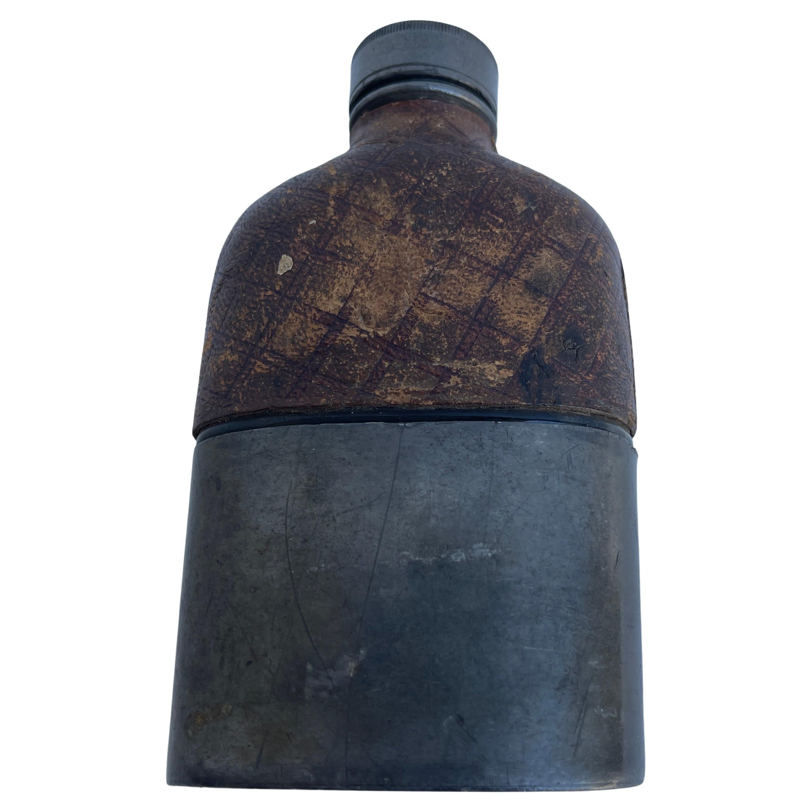 Hand-Crafted Late 19th Century Military Leather Hip Flask in Pewter, American