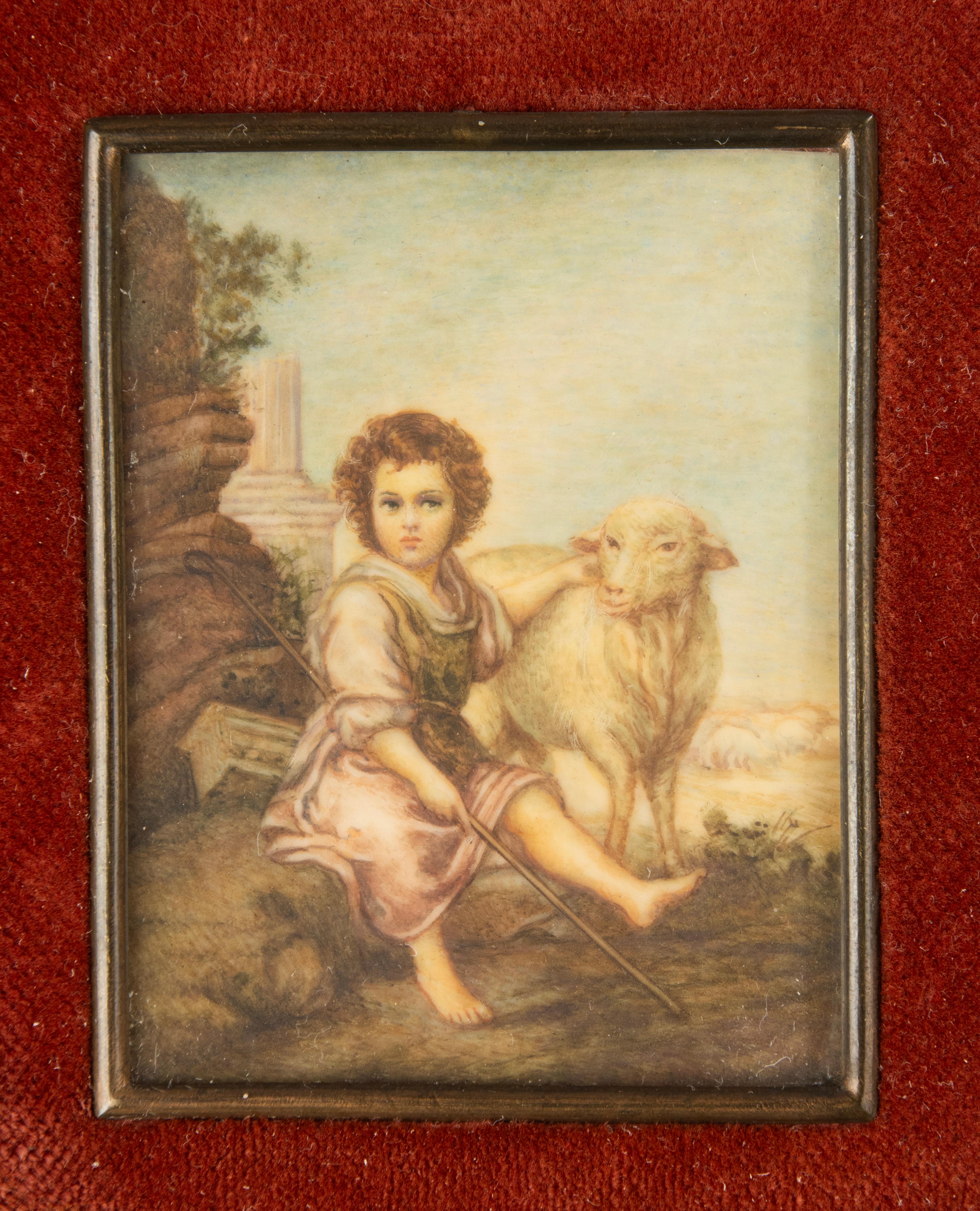 A lovely romantic miniature drawing / watercolor painting, depicting a young child with a sheep. 
Estimated date and origin: France, circa 1890-1900. 
The work is framed with a red velvet passe partout behind glass and a simple gold-colored wooden