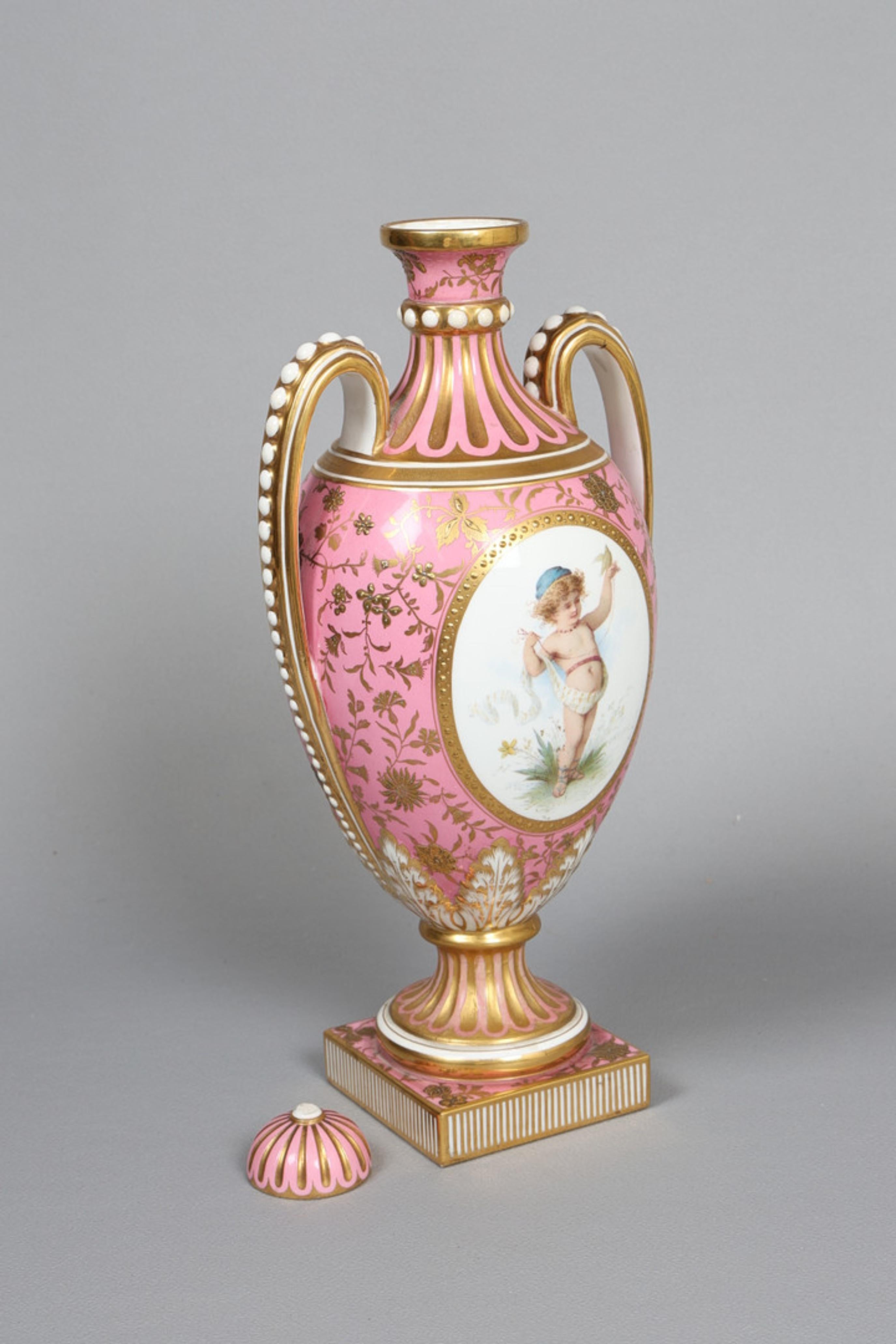 Carved Late 19th Century Minton Twin-Handled Garniture Vase and Cover, Hand-Painted For Sale
