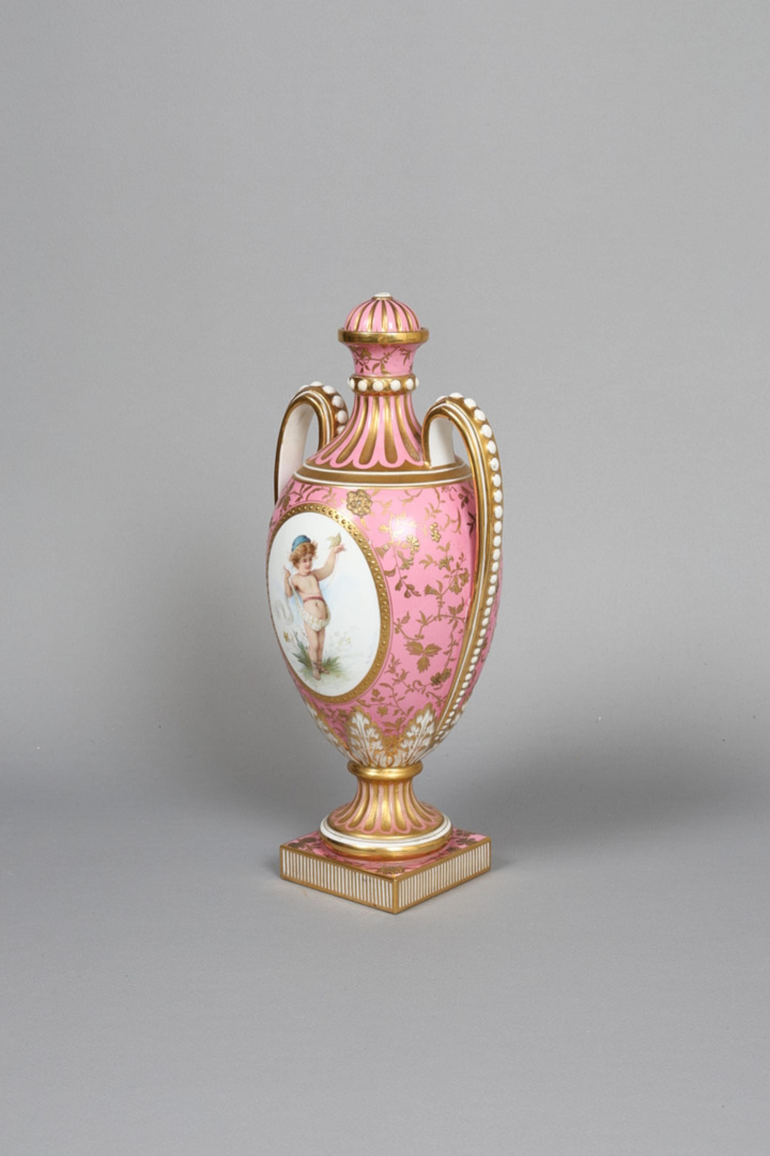 Early 20th Century Late 19th Century Minton Twin-Handled Garniture Vase and Cover, Hand-Painted For Sale