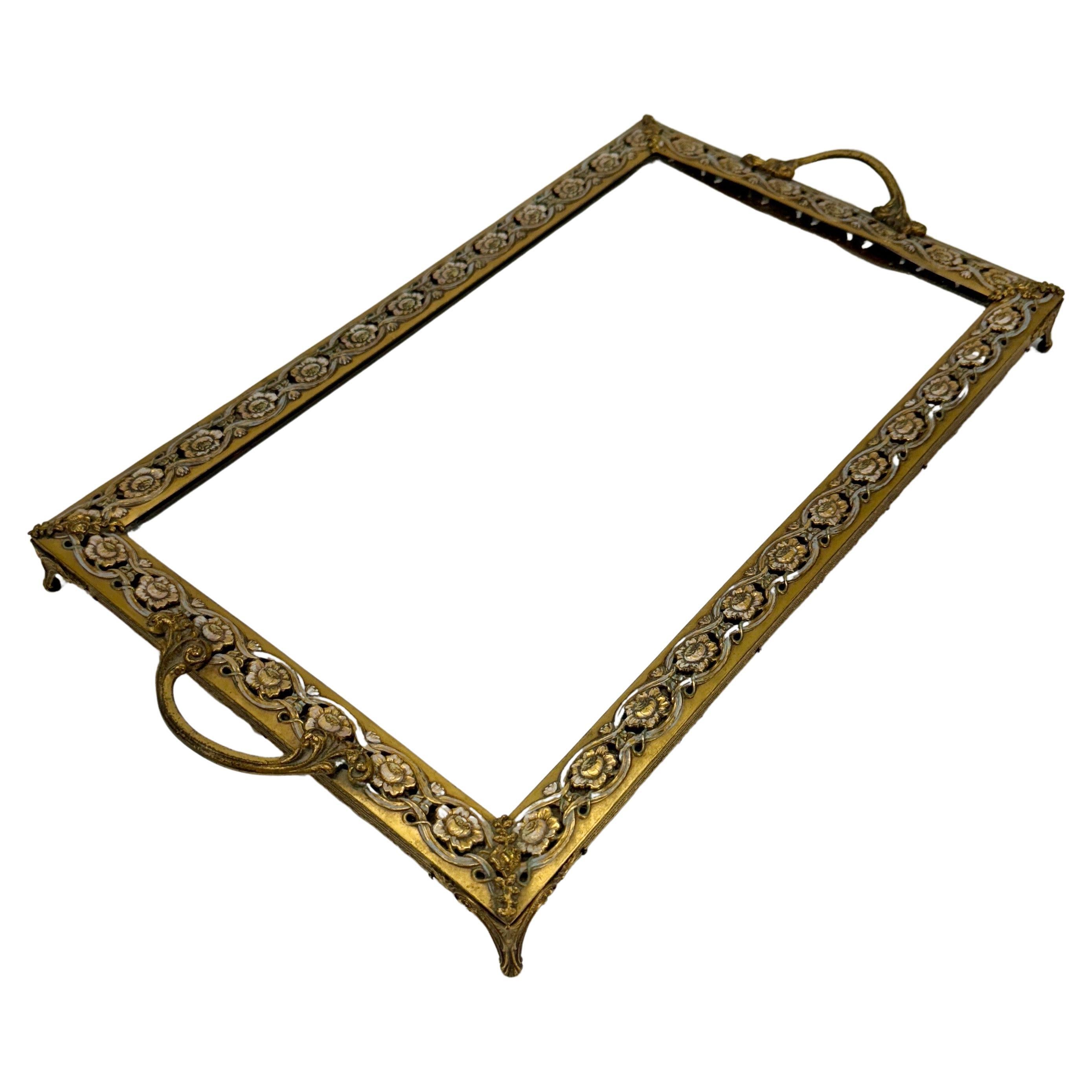 Empire Late 19th Century Mirrored Glass Brass Jewelry Tray For Sale