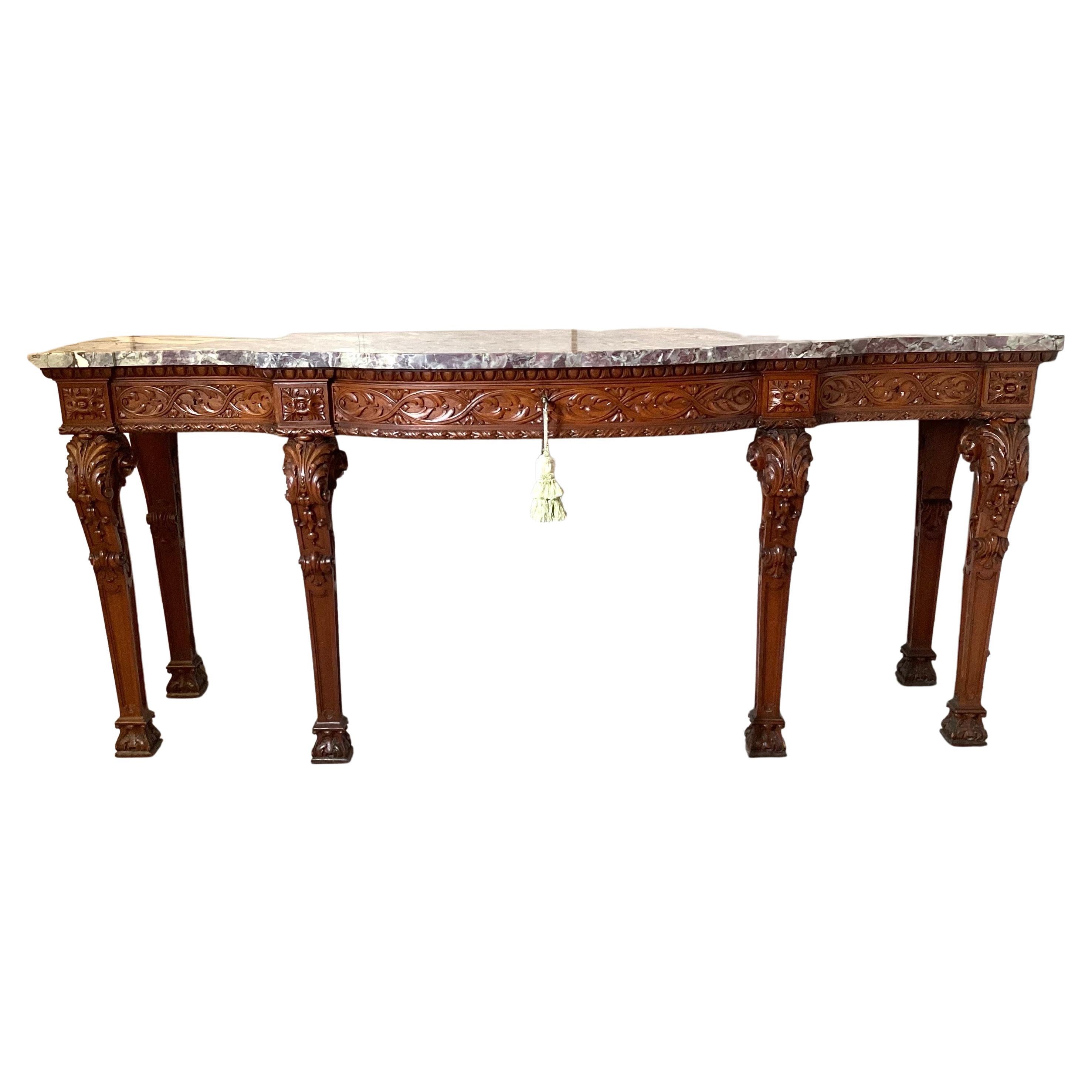 Late 19th Century Monumental Hand Carved Walnut Console W/ Italian Marble Top