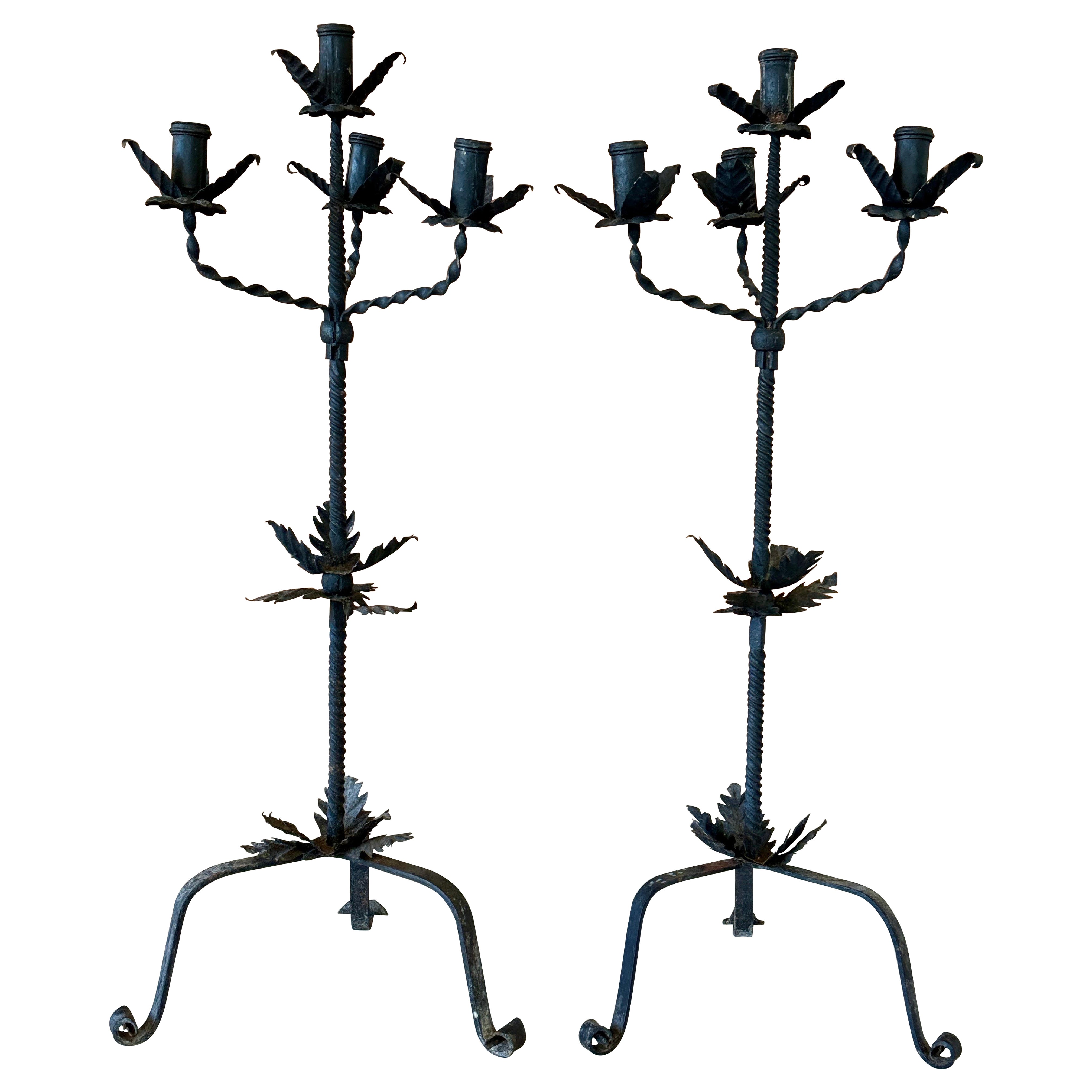Late 19th Century Monumental Rustic European Forged Iron Floor Candelabras-Pair