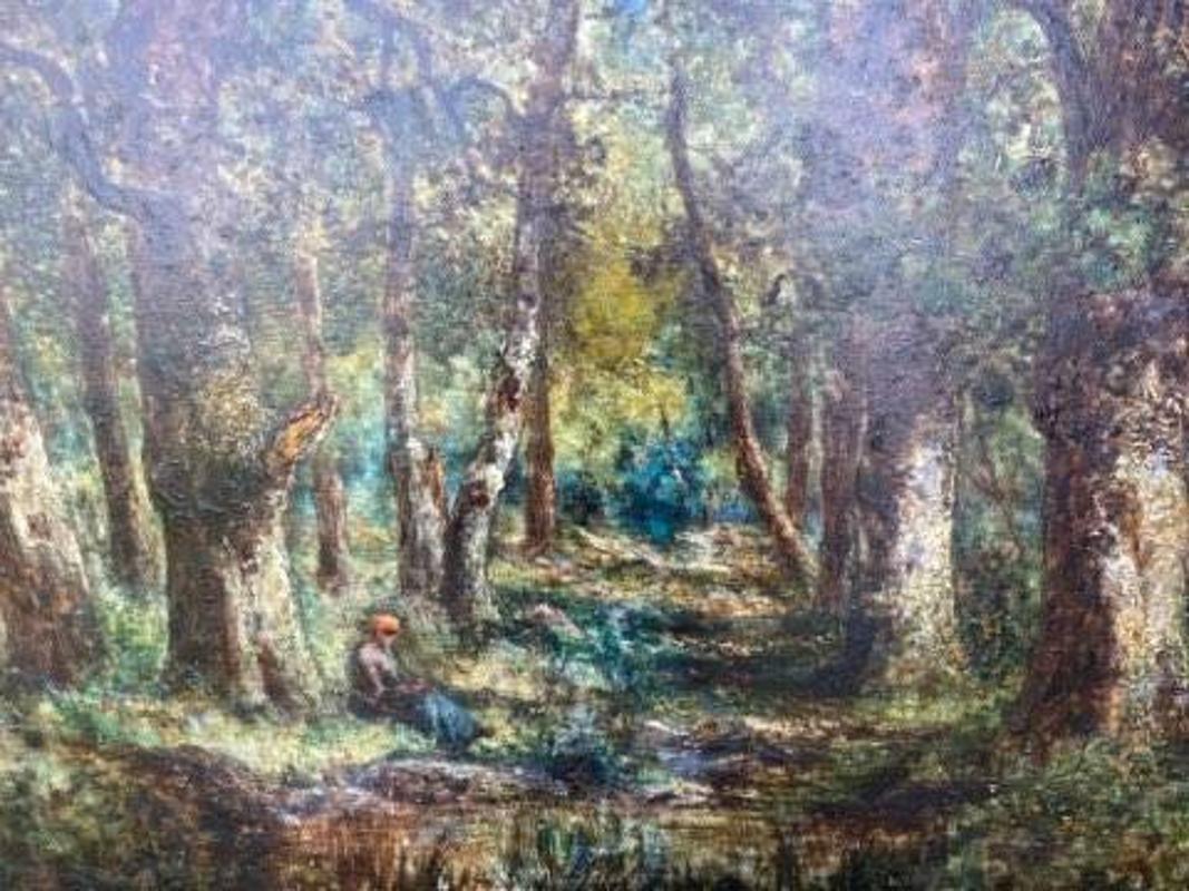 Late 19th century Movement Style Original Oil Painting by Adrien Schultz
Depicts person sitting in the woods in lovely earth tones with highlights of blues and greens. Academic style. Framed in ornate gold gilt frame. France, circa 1880. Measures:
