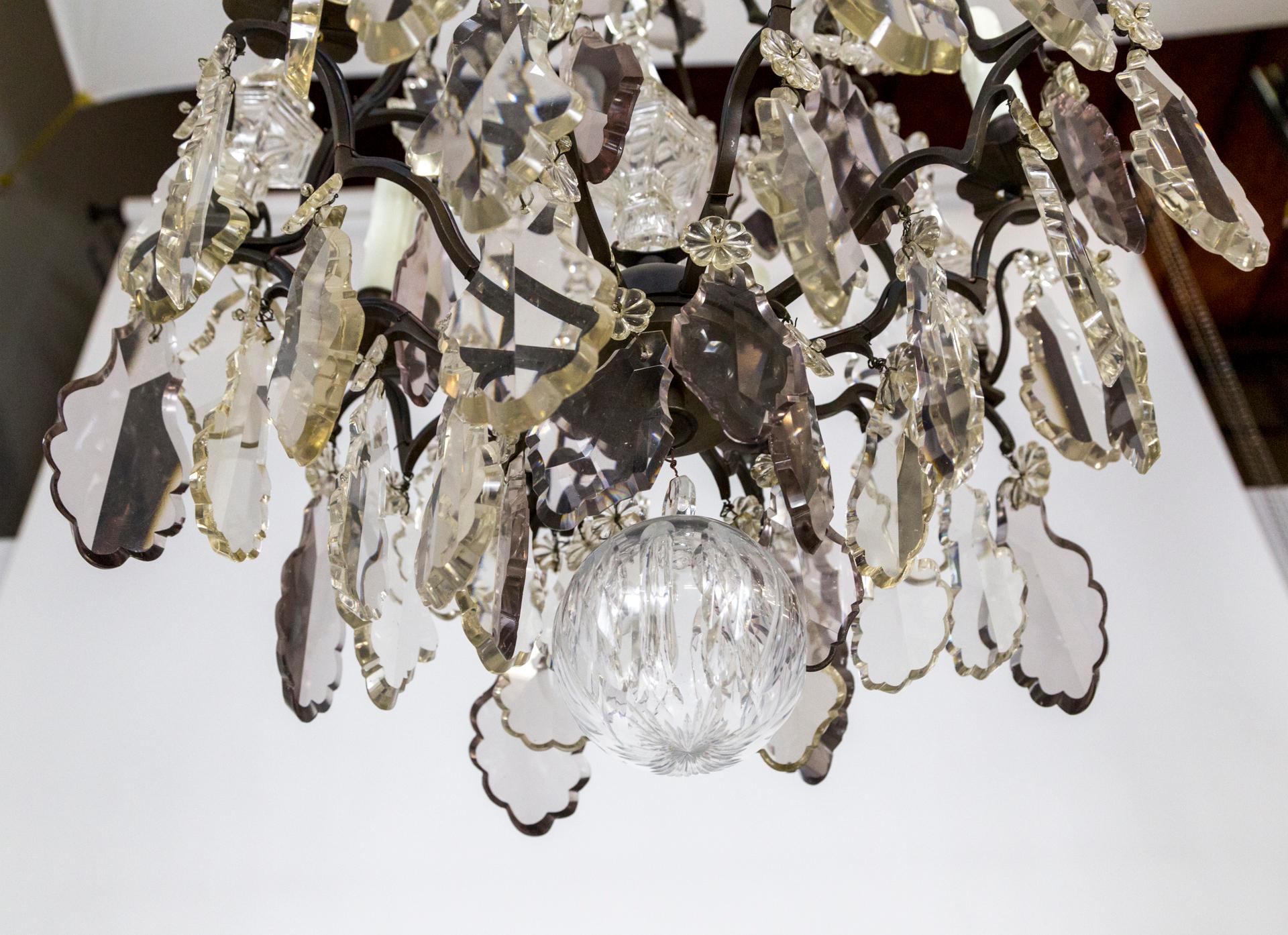 Late 19th Cent. Multi Crystal & Spire Blackened Bronze Birdcage Chandelier In Good Condition For Sale In San Francisco, CA