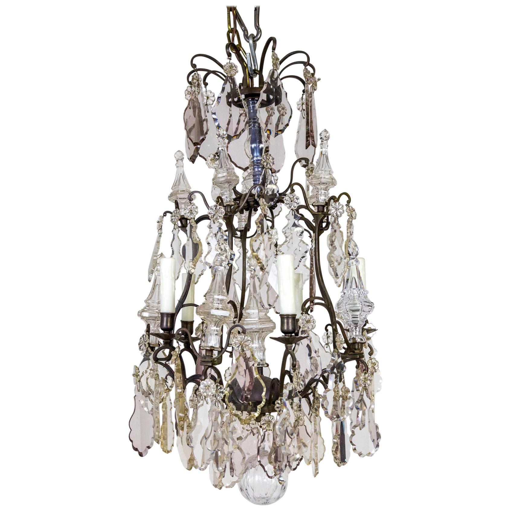 Late 19th Cent. Multi Crystal & Spire Blackened Bronze Birdcage Chandelier For Sale