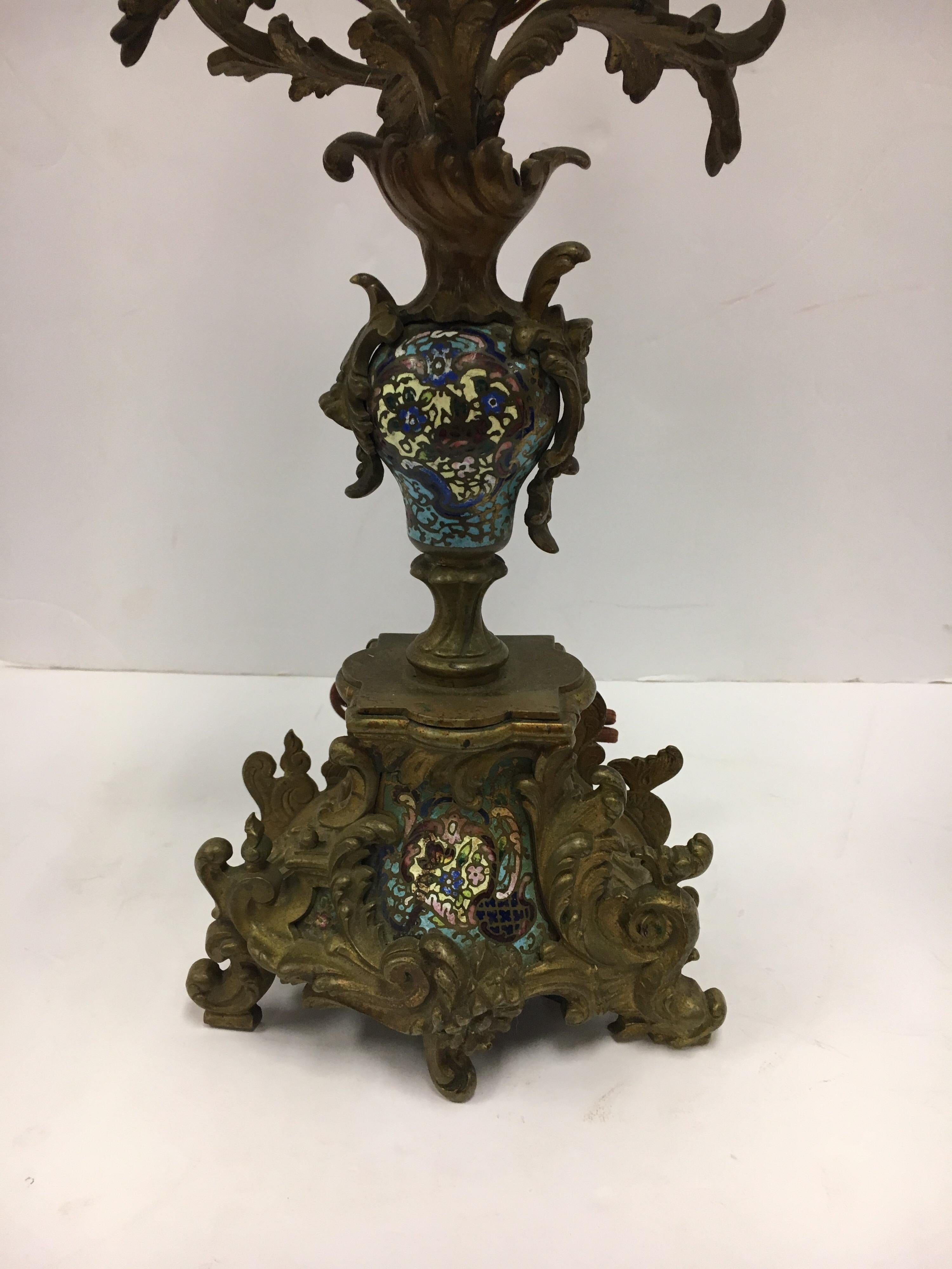 Stunning late 19th century bronze and champleve candelabra lamp.