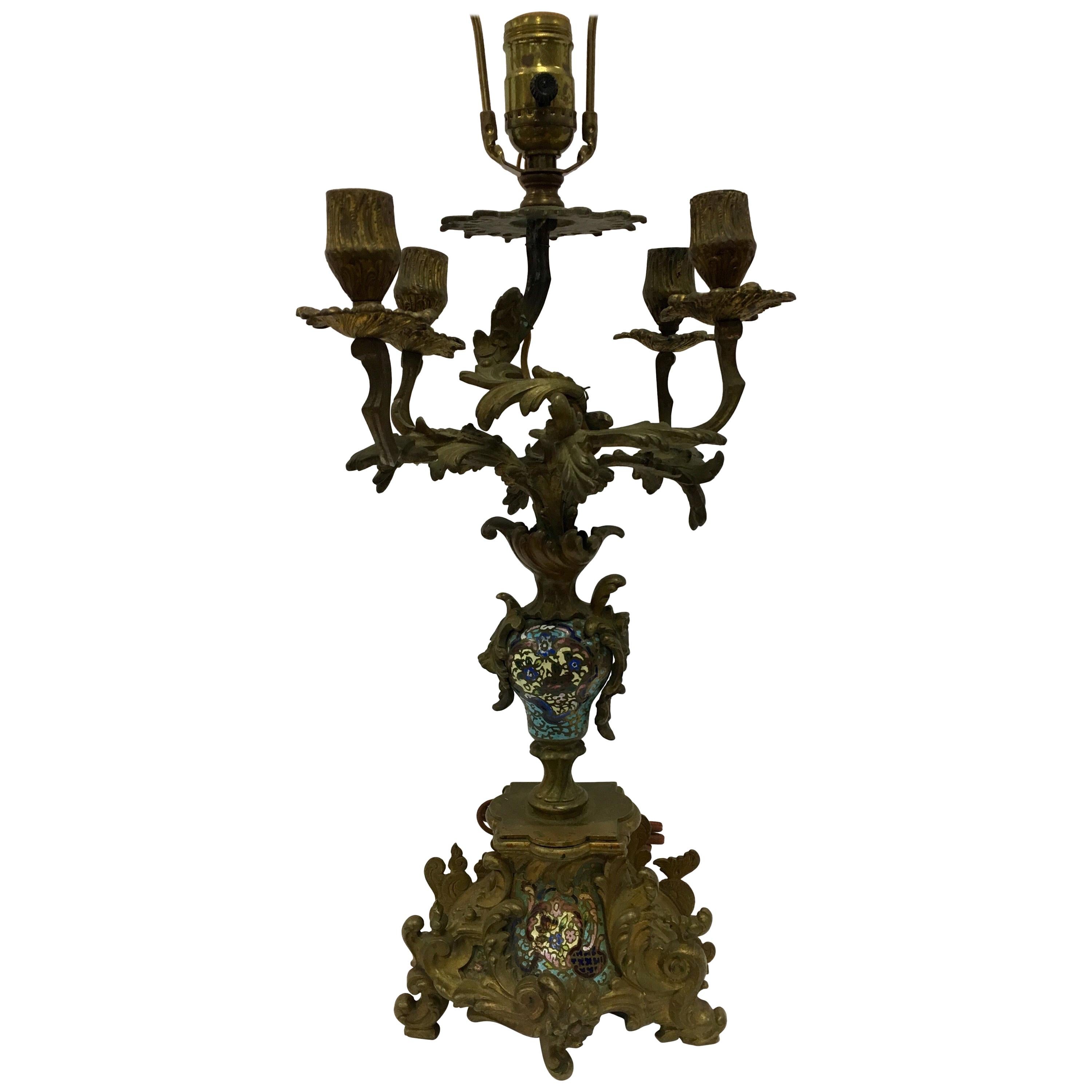 Late 19th Century Napolean III Champleve Bronze Sevres Candelabra Lamp