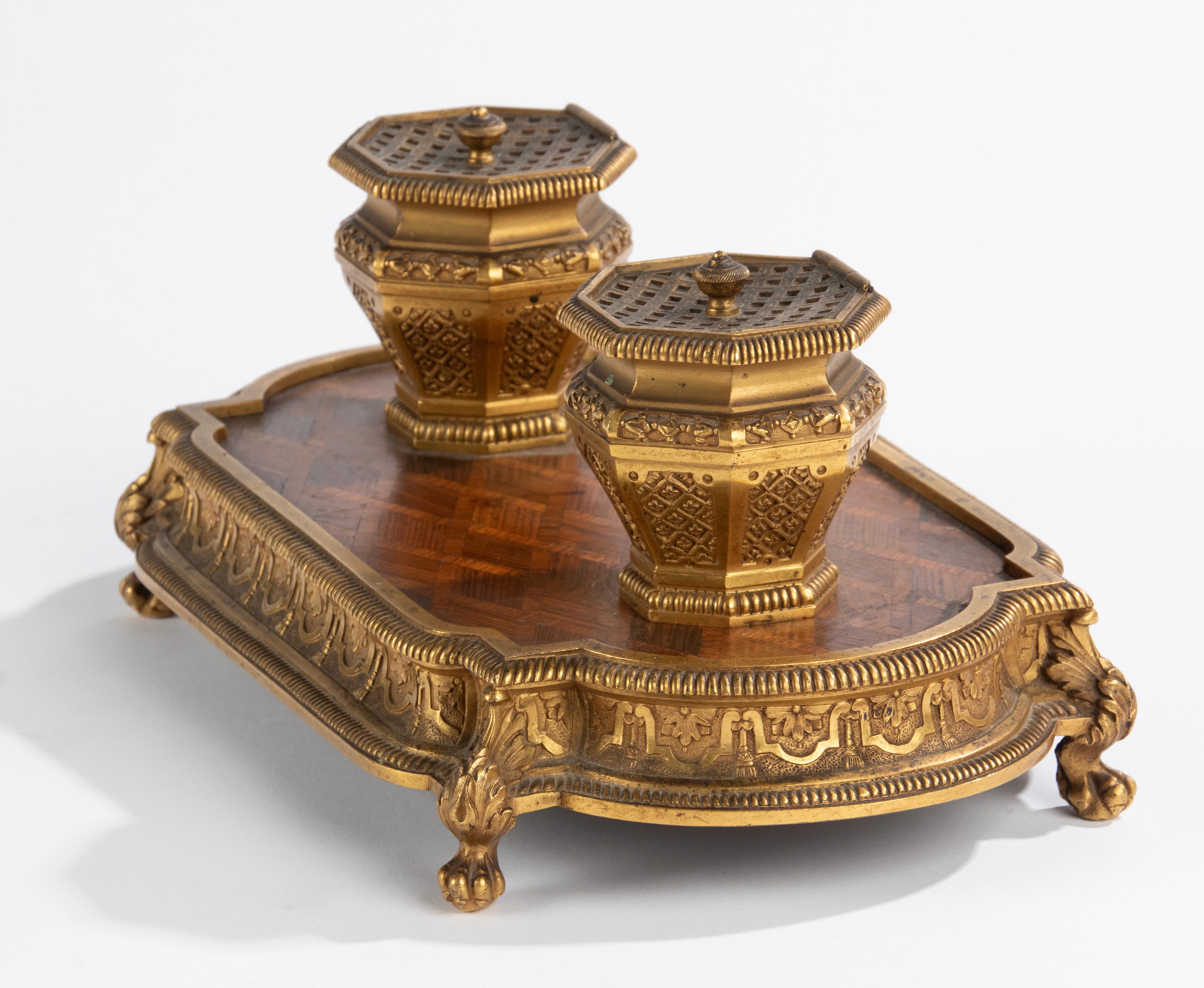 Late 19th Century Napoleon III Bronze Wood Marquetry Inkwell For Sale 7