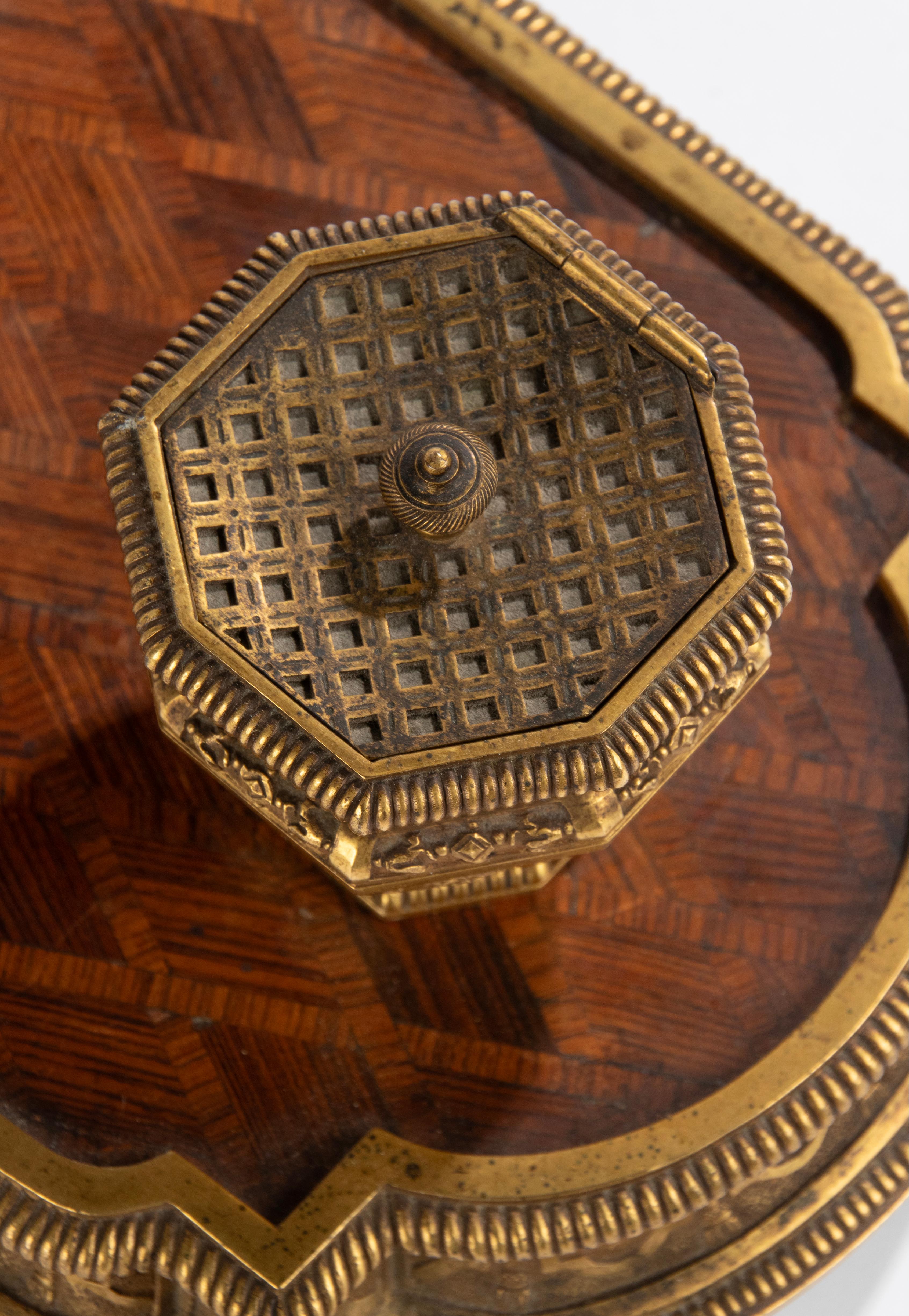 Late 19th Century Napoleon III Bronze Wood Marquetry Inkwell For Sale 9