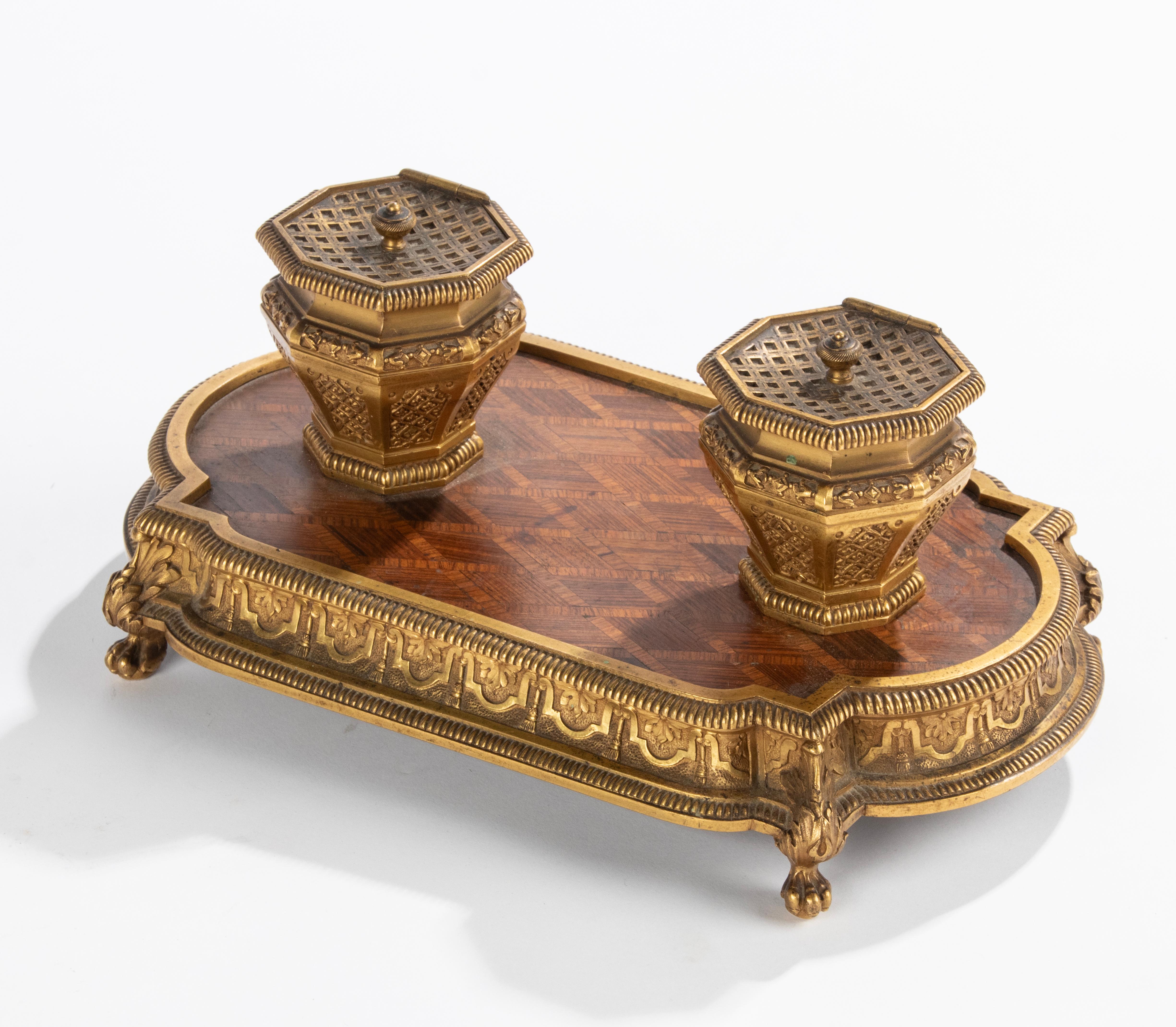 Late 19th Century Napoleon III Bronze Wood Marquetry Inkwell For Sale 11