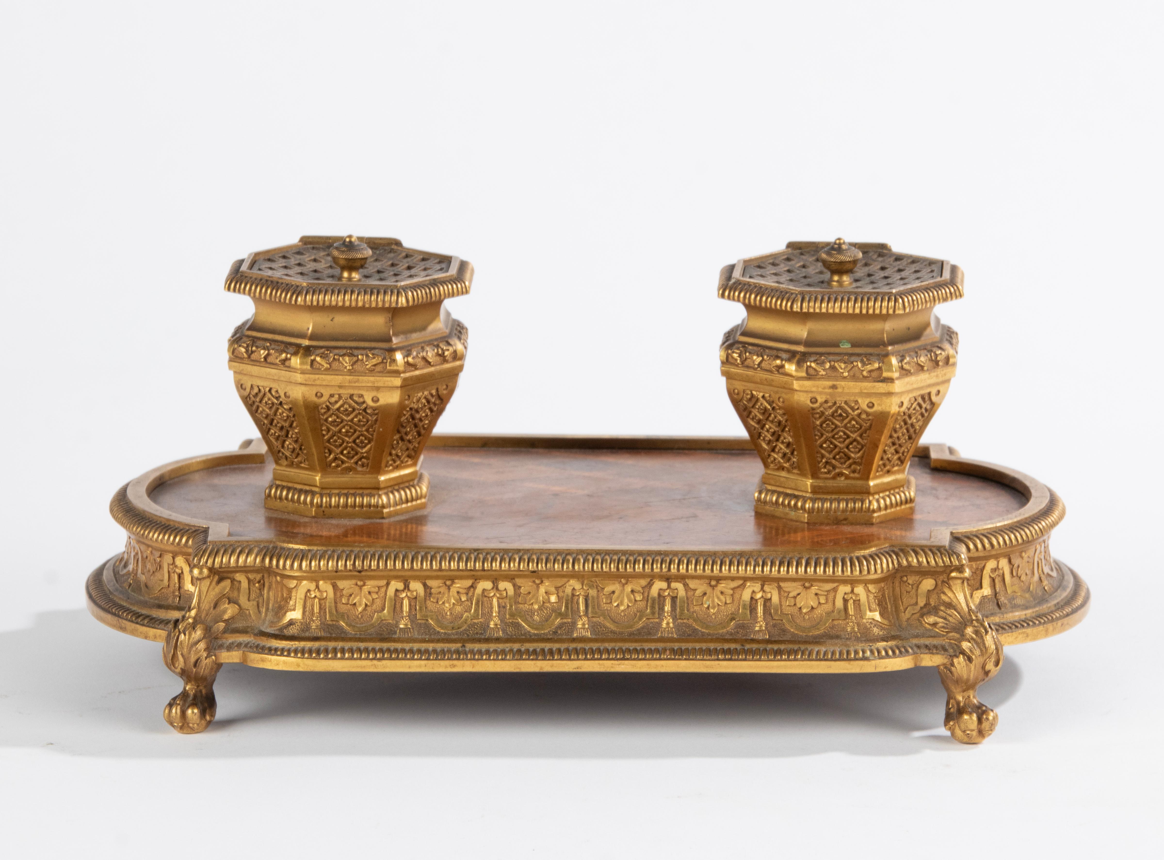 French Late 19th Century Napoleon III Bronze Wood Marquetry Inkwell For Sale
