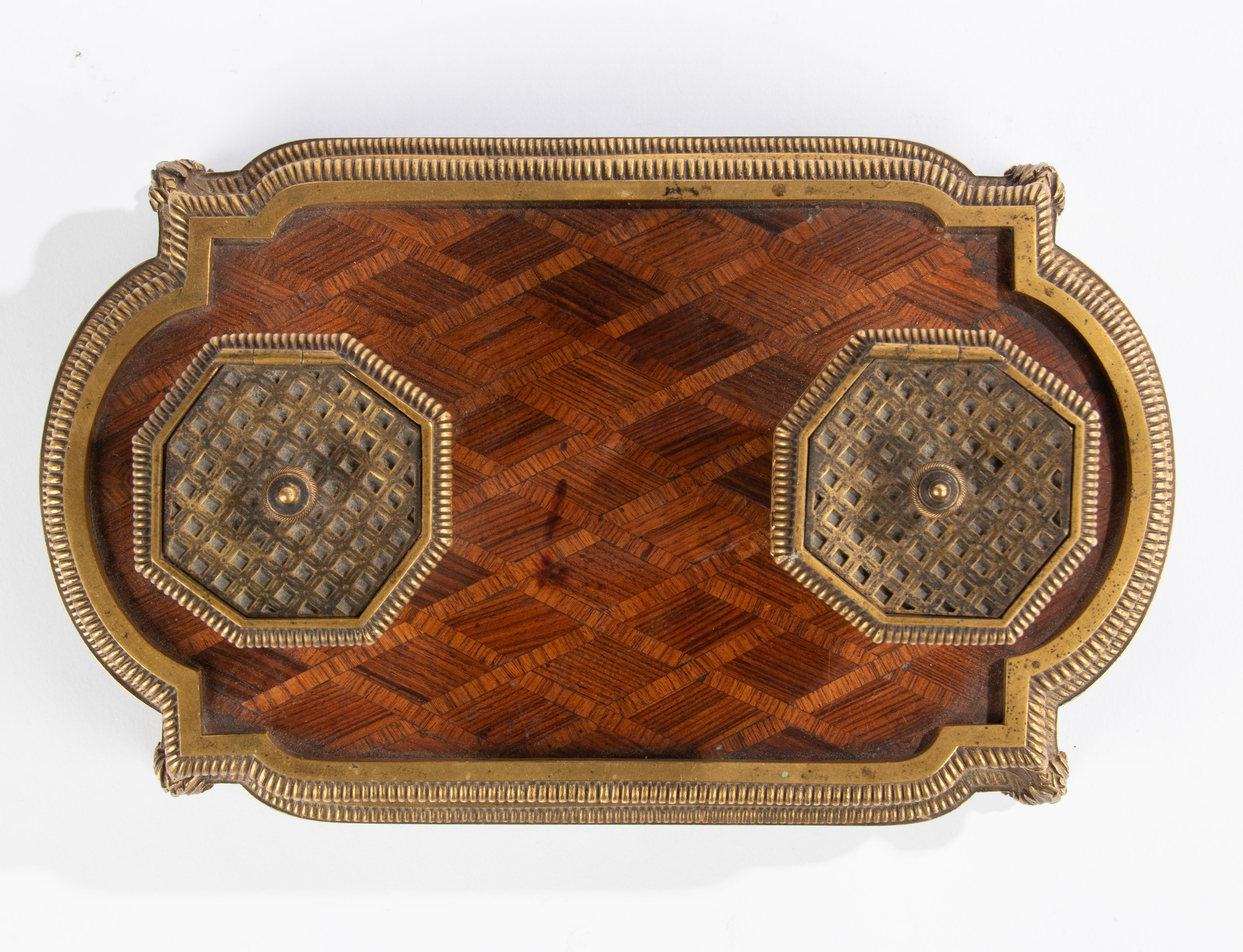 Mid-19th Century Late 19th Century Napoleon III Bronze Wood Marquetry Inkwell For Sale
