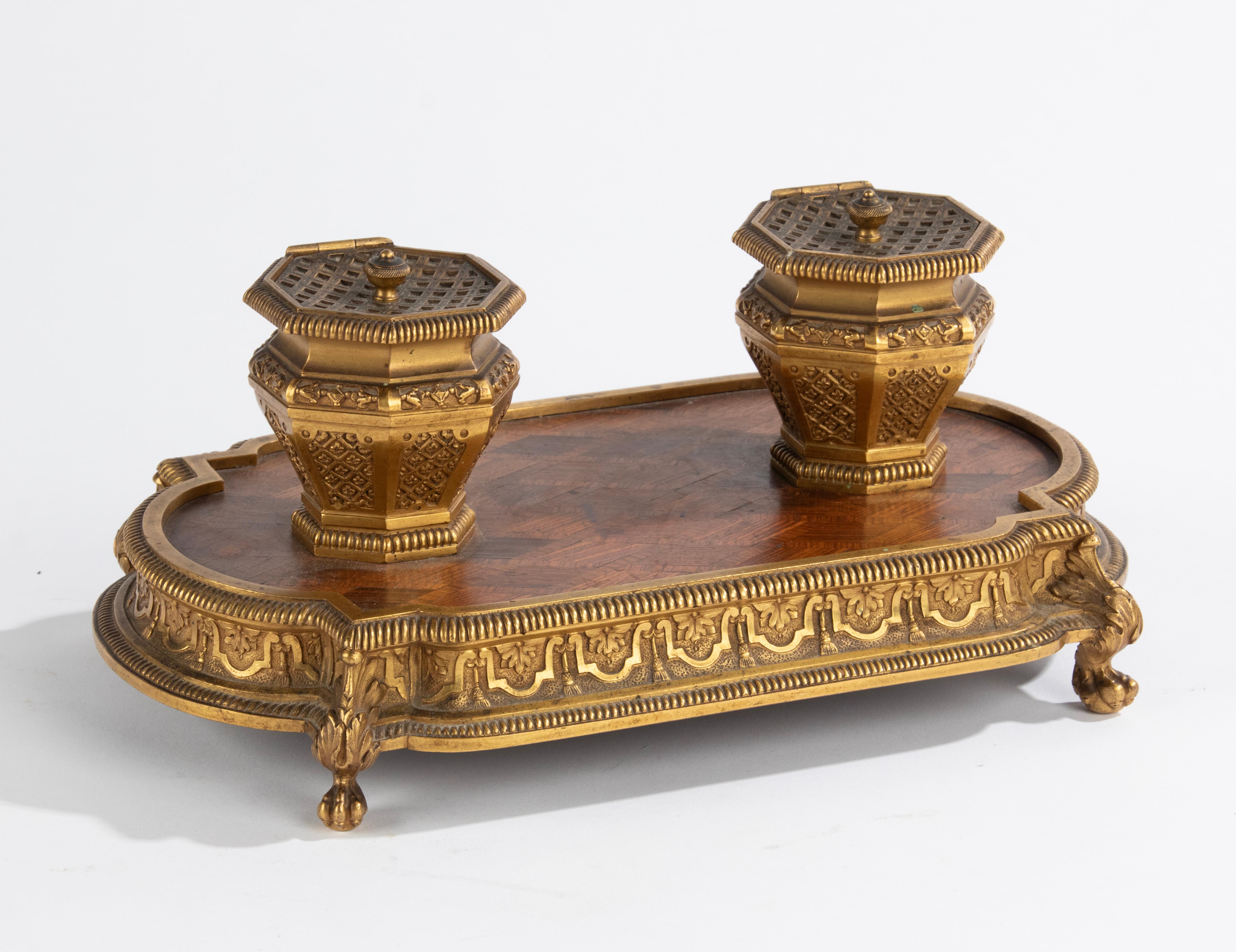 Late 19th Century Napoleon III Bronze Wood Marquetry Inkwell For Sale 1