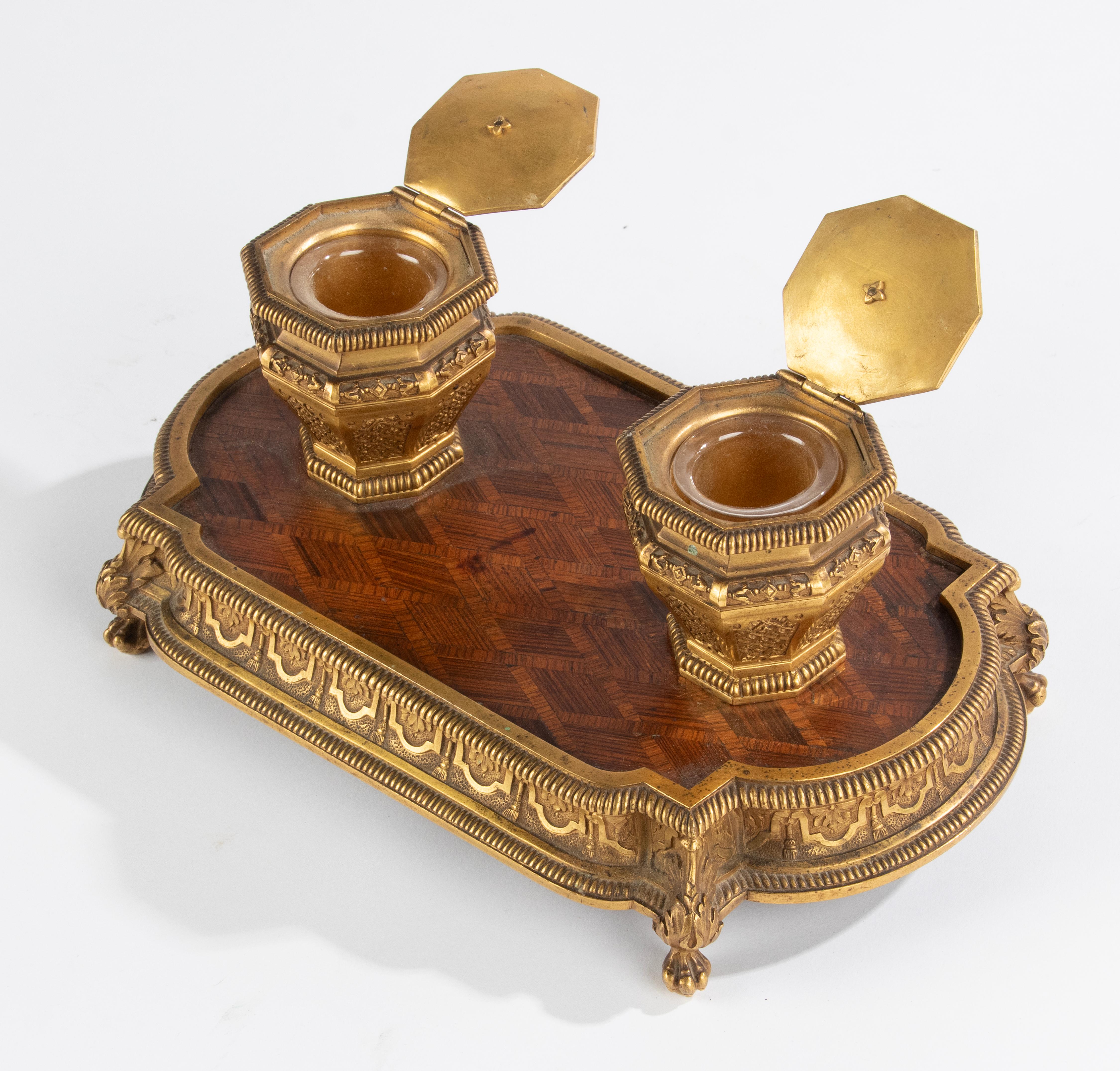 Late 19th Century Napoleon III Bronze Wood Marquetry Inkwell For Sale 3
