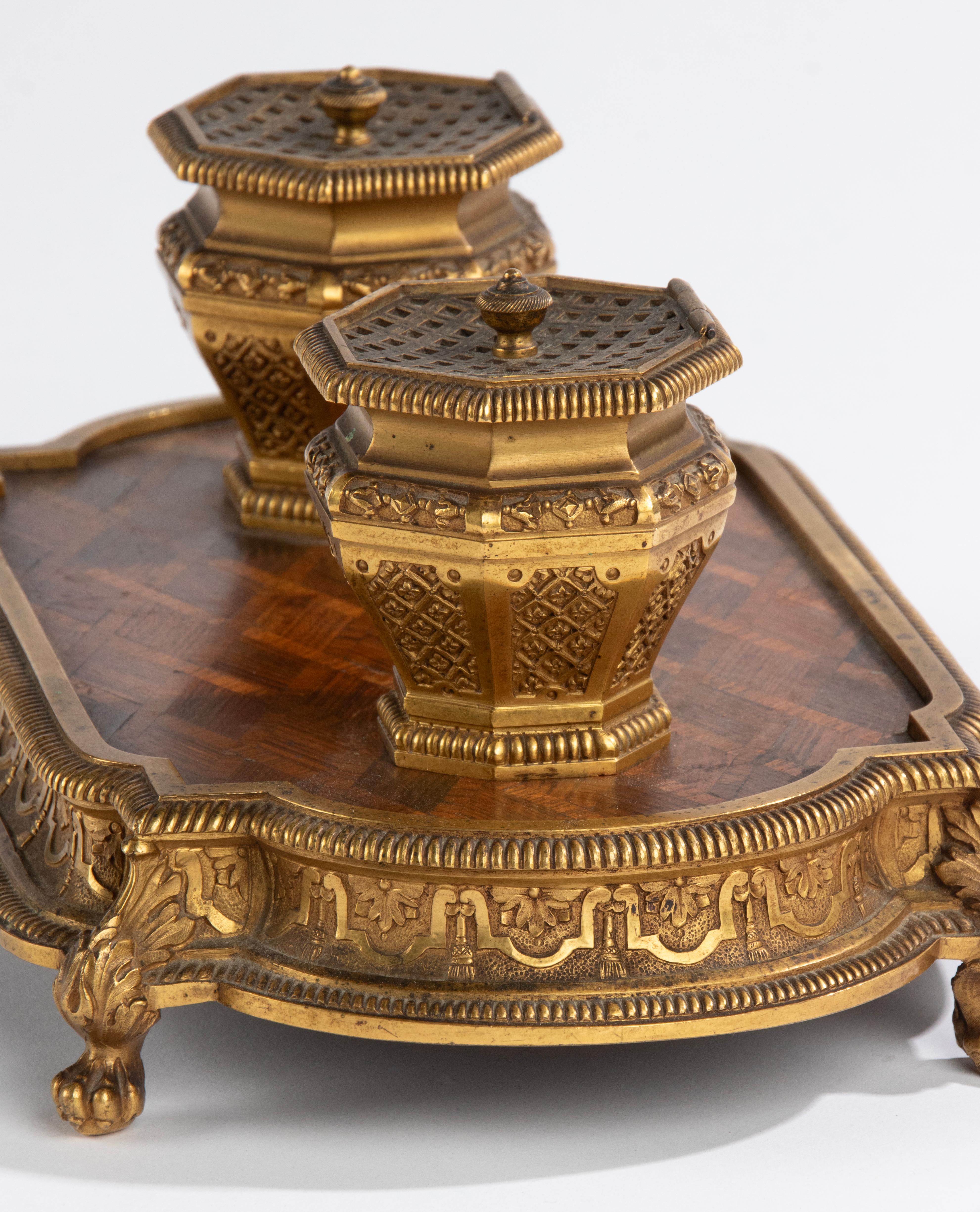 Late 19th Century Napoleon III Bronze Wood Marquetry Inkwell For Sale 4