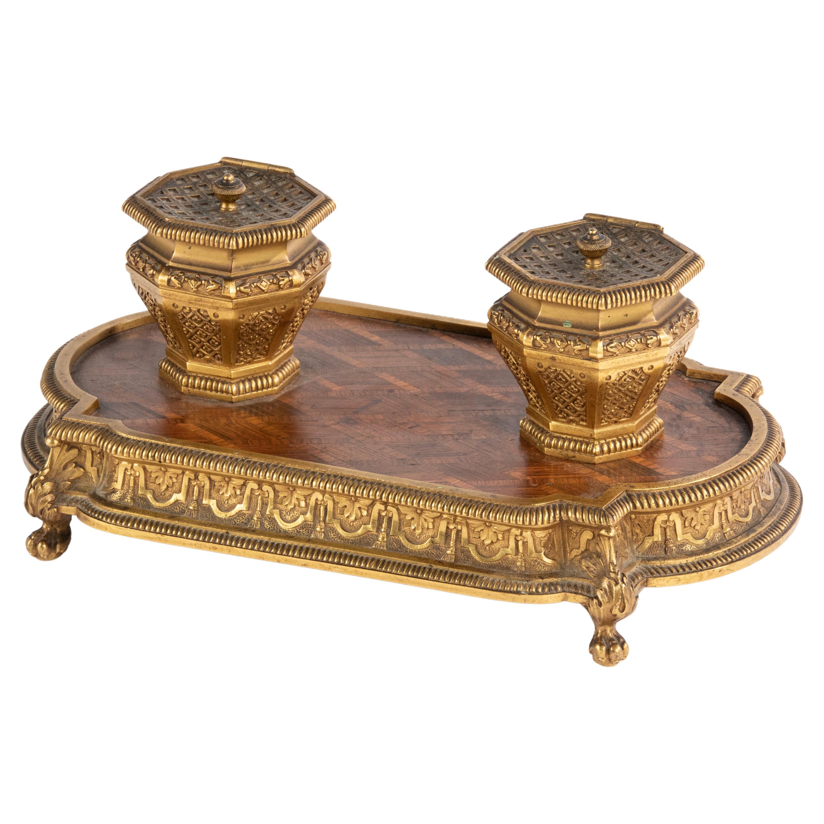 Late 19th Century Napoleon III Bronze Wood Marquetry Inkwell For Sale