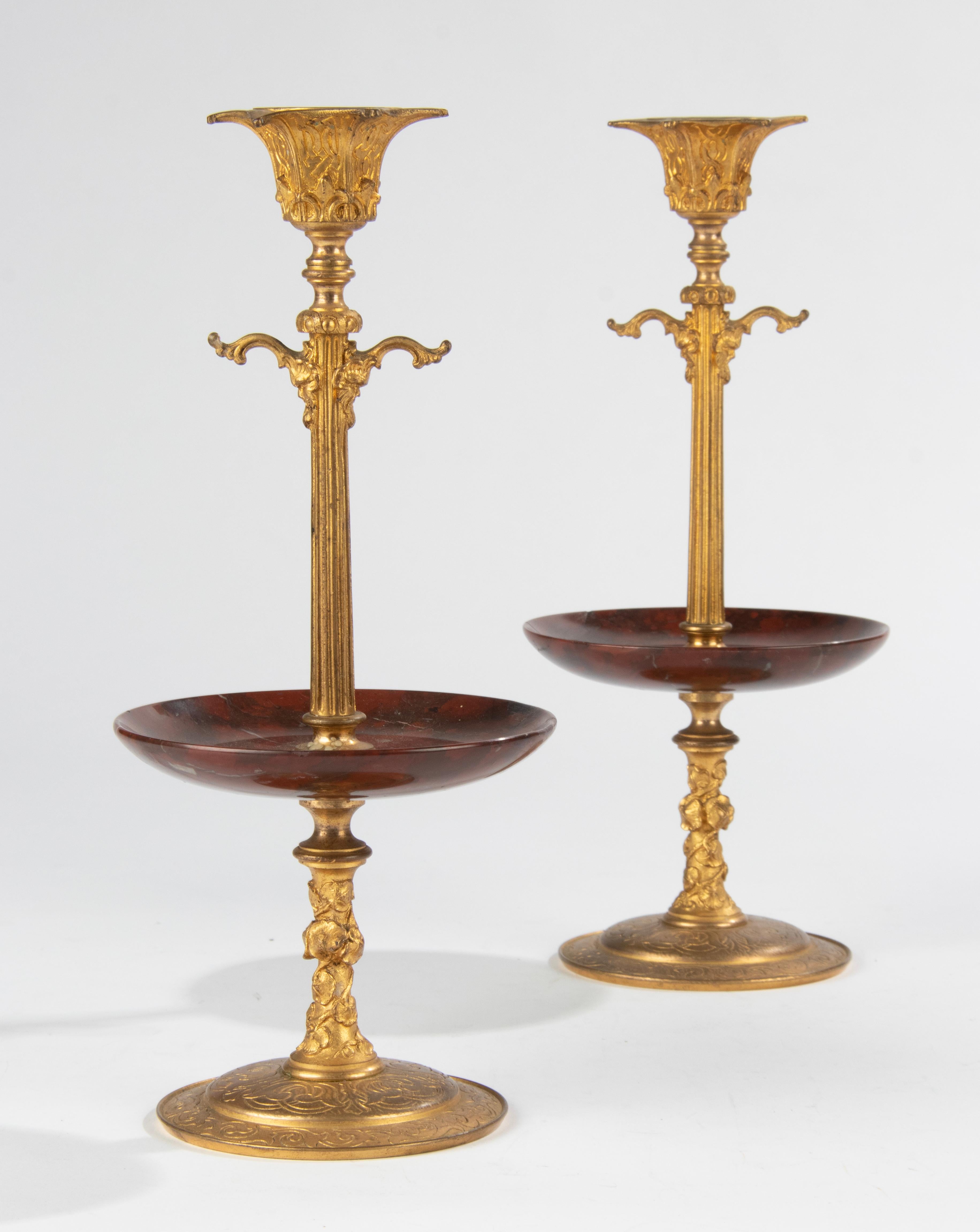 Late 19th Century Napoleon III Ormolu Candlesticks Griotte Marble Bowls For Sale 4