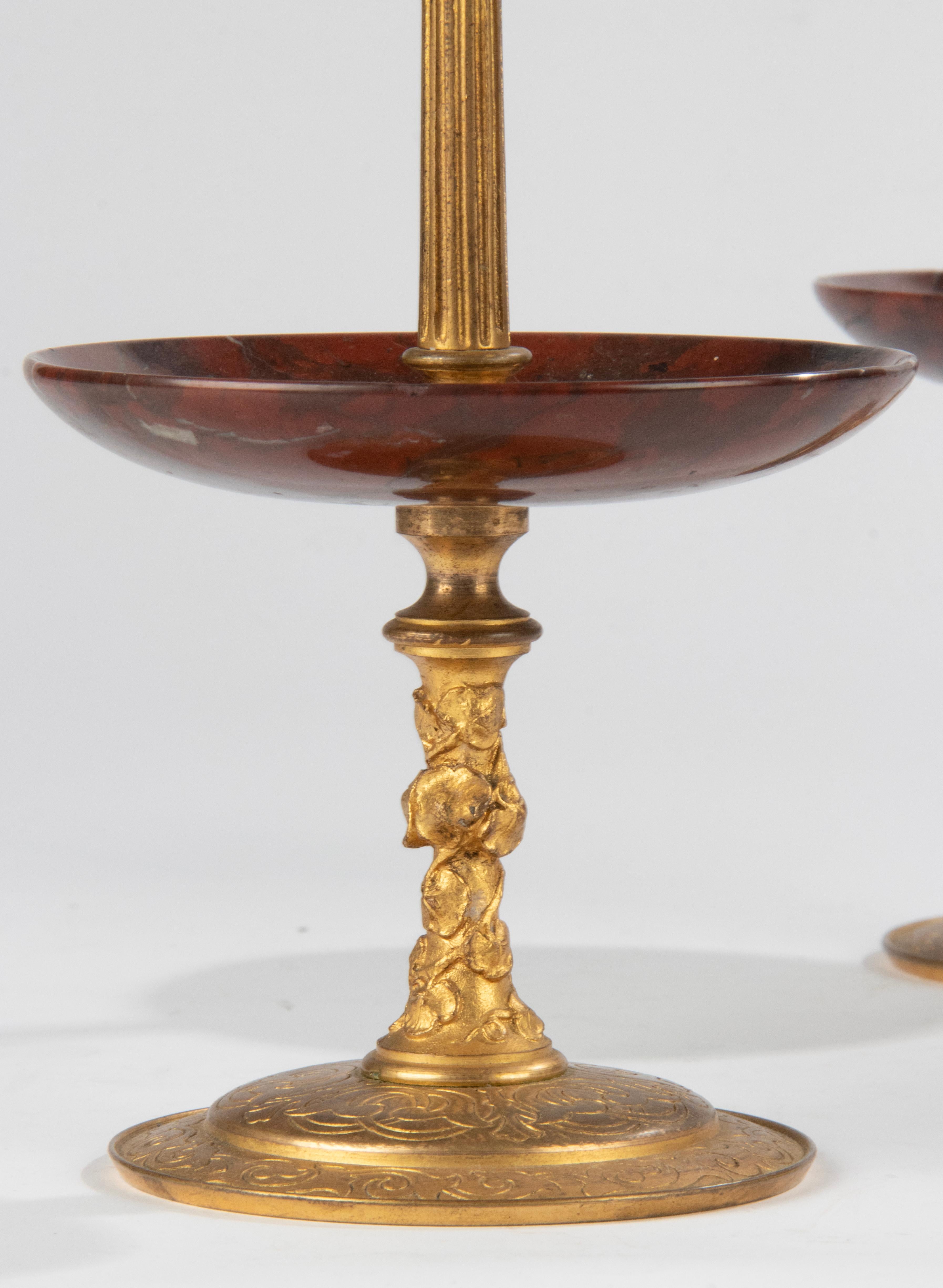 Late 19th Century Napoleon III Ormolu Candlesticks Griotte Marble Bowls For Sale 6
