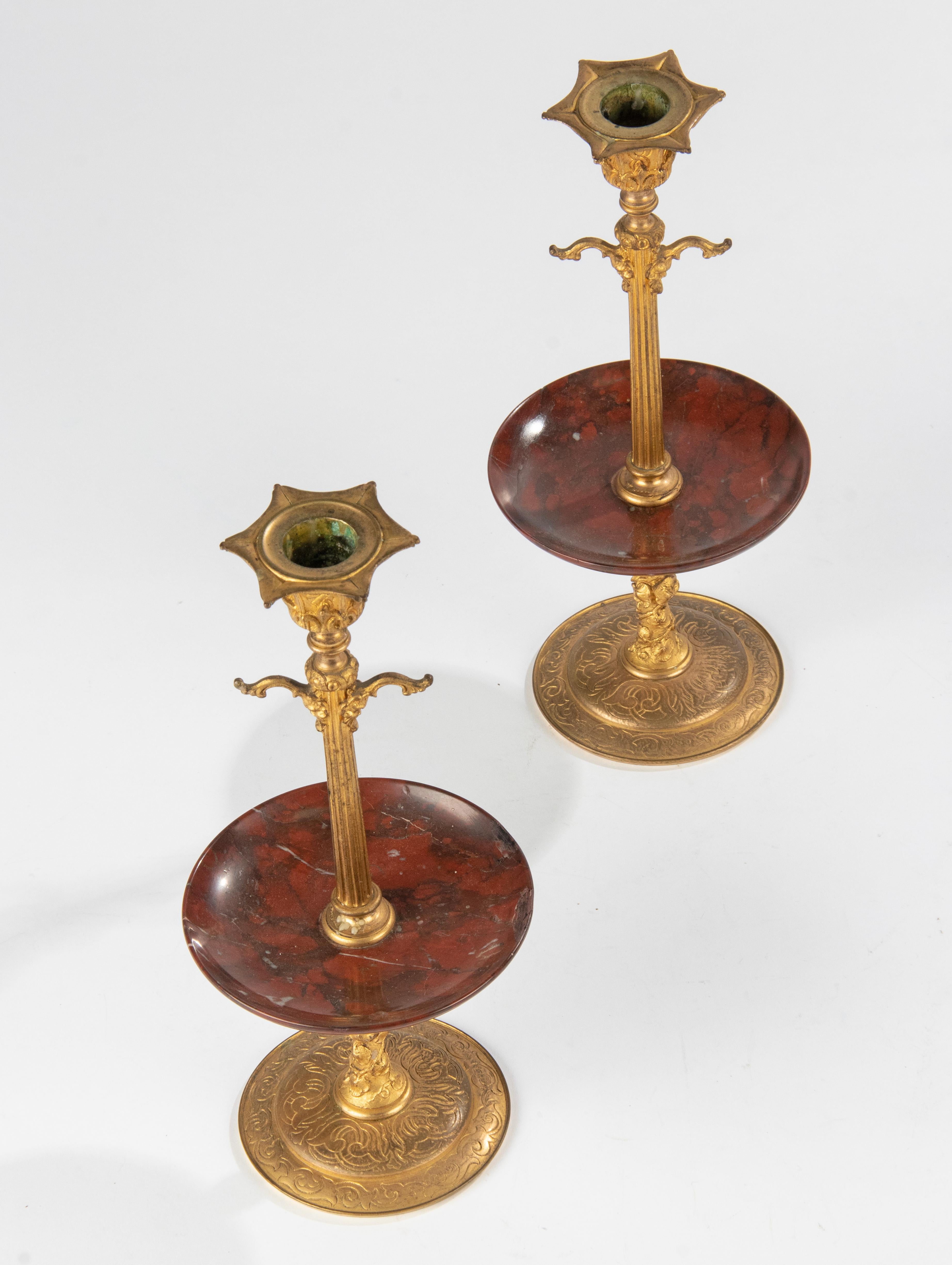 Late 19th Century Napoleon III Ormolu Candlesticks Griotte Marble Bowls For Sale 8