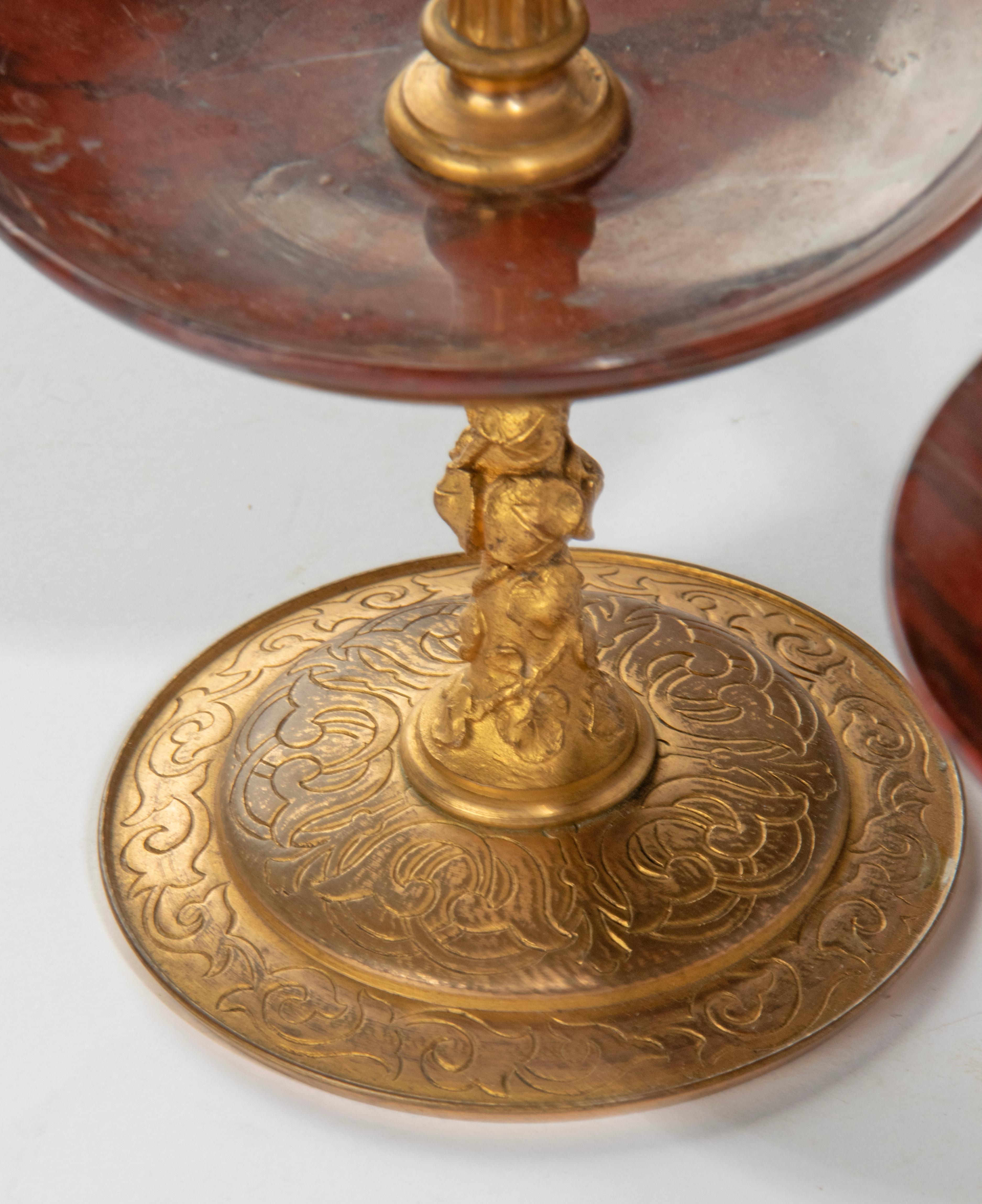 Late 19th Century Napoleon III Ormolu Candlesticks Griotte Marble Bowls For Sale 9