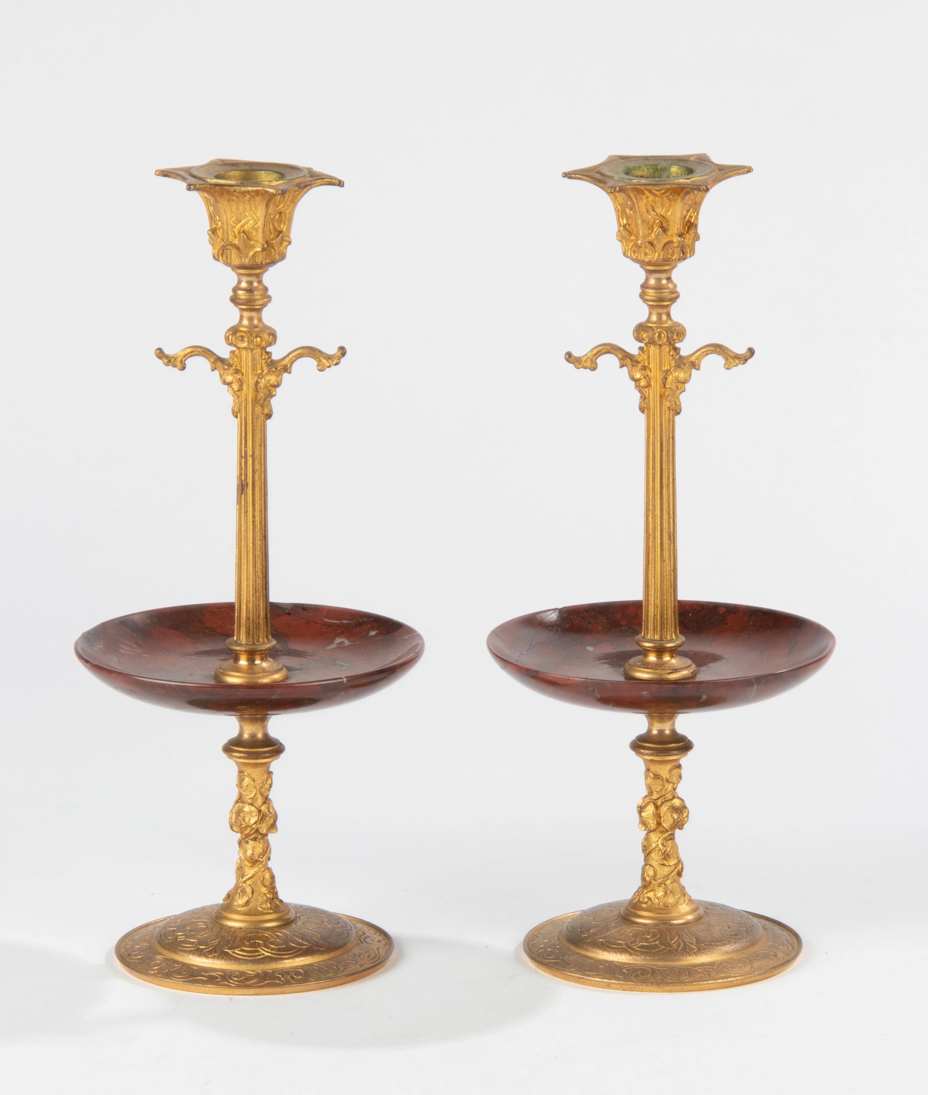 French Late 19th Century Napoleon III Ormolu Candlesticks Griotte Marble Bowls For Sale