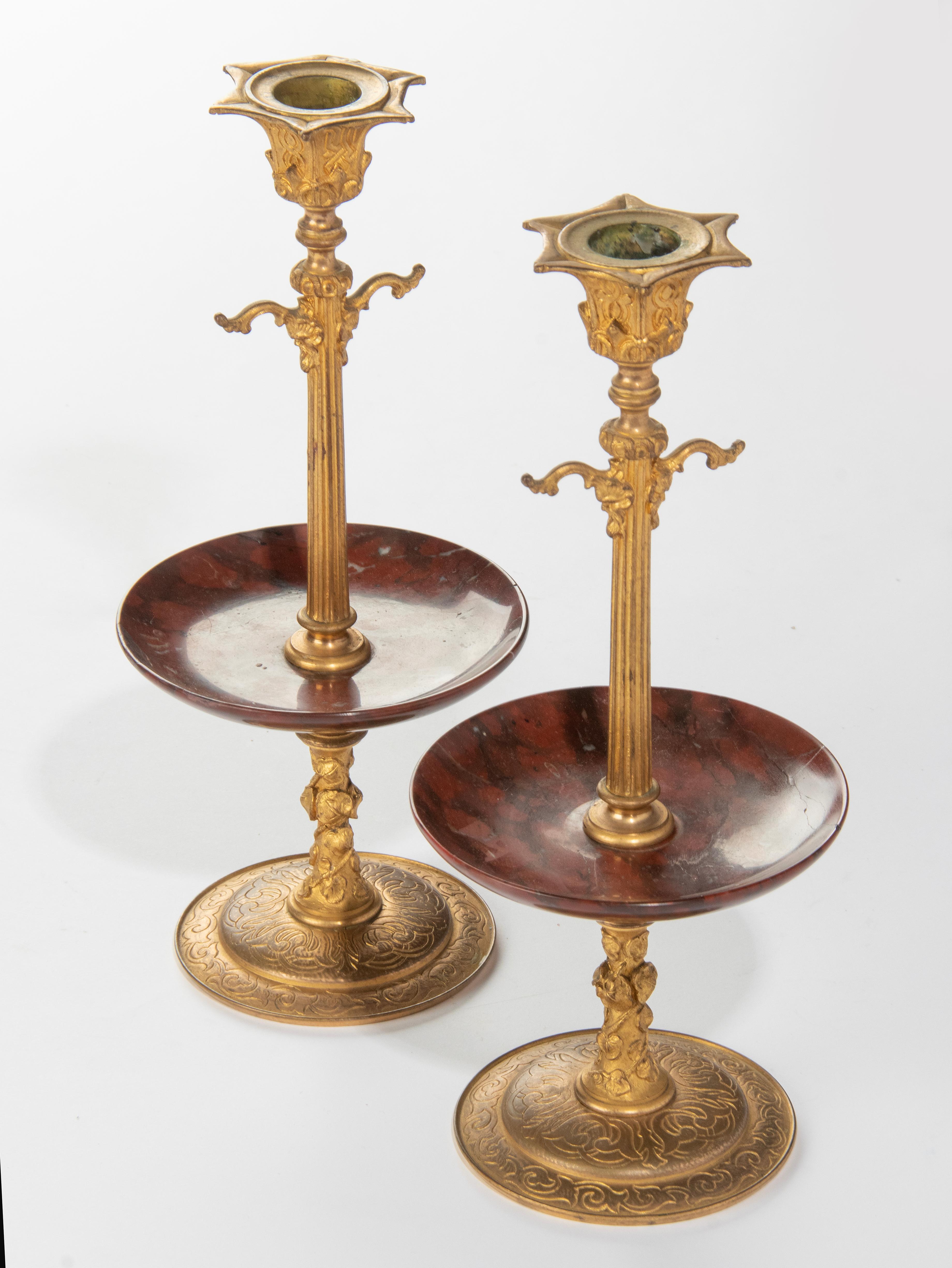 Bronze Late 19th Century Napoleon III Ormolu Candlesticks Griotte Marble Bowls For Sale