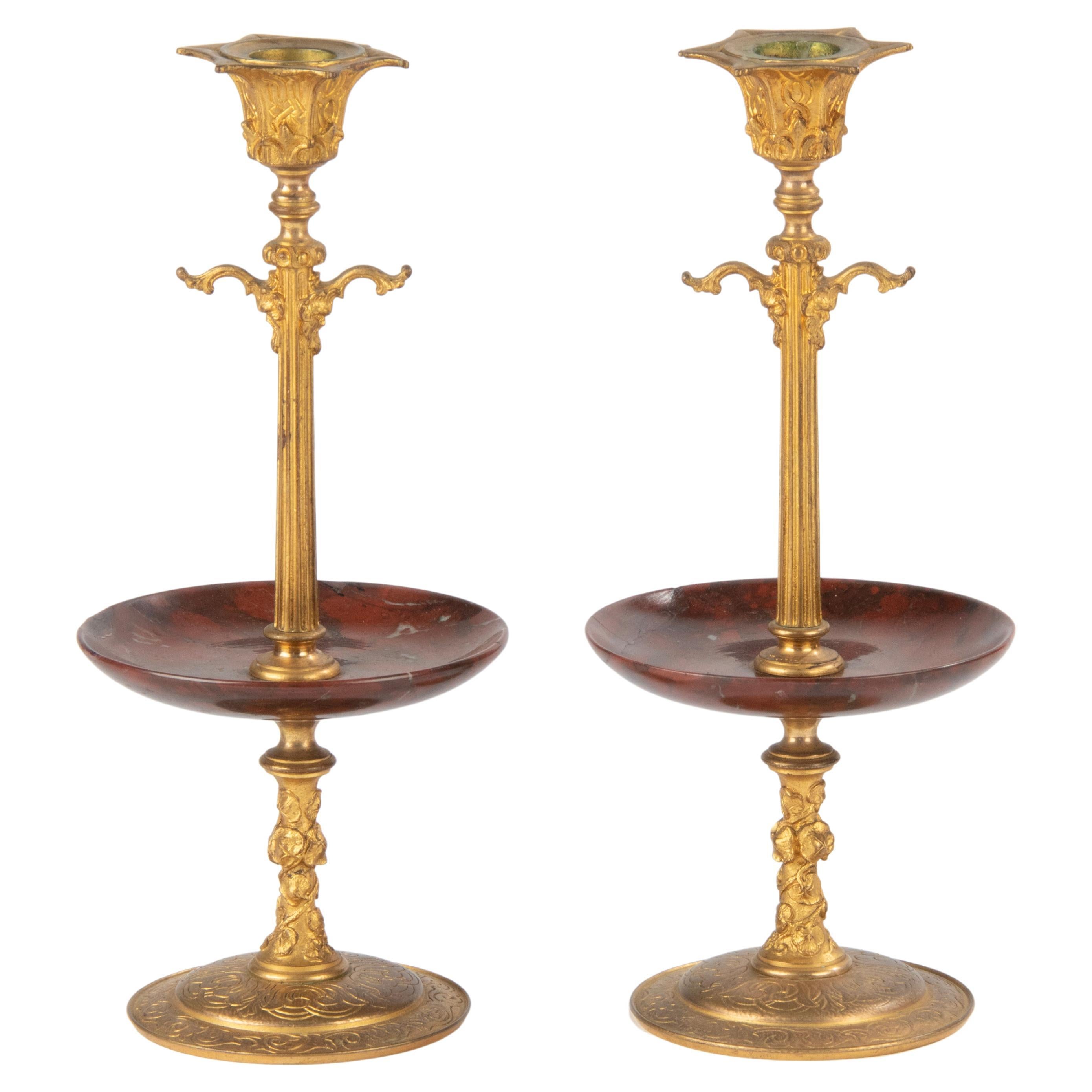 Late 19th Century Napoleon III Ormolu Candlesticks Griotte Marble Bowls For Sale