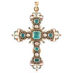 Late 19th Century Neo Renaissance Gold Emerald and Diamond Pendant Necklace