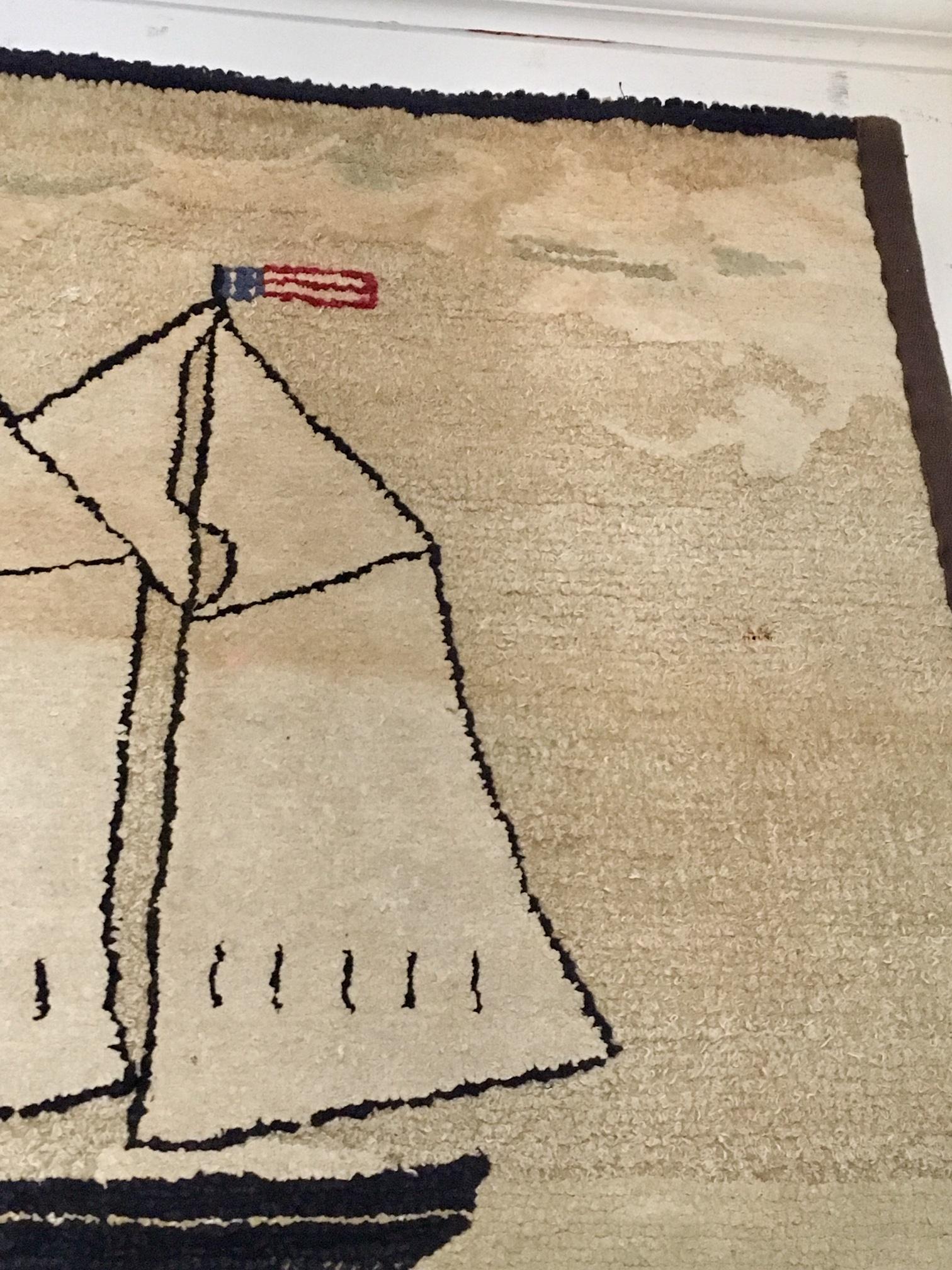 Folk Art Late 19th Century New England Ship and Lighthouse Hooked Rug