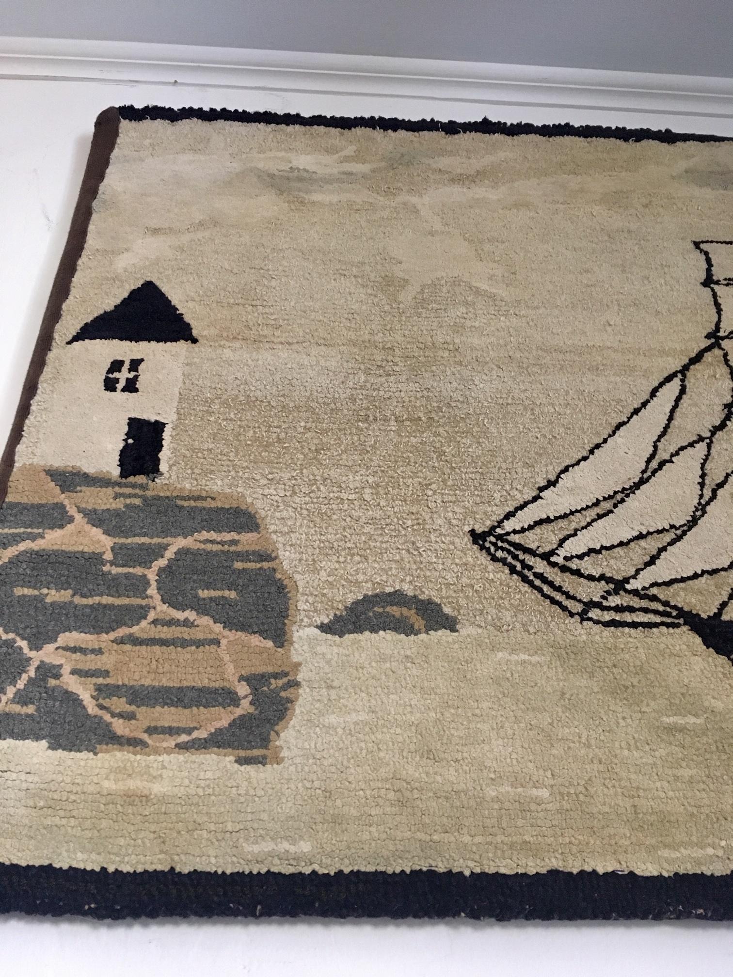 American Late 19th Century New England Ship and Lighthouse Hooked Rug